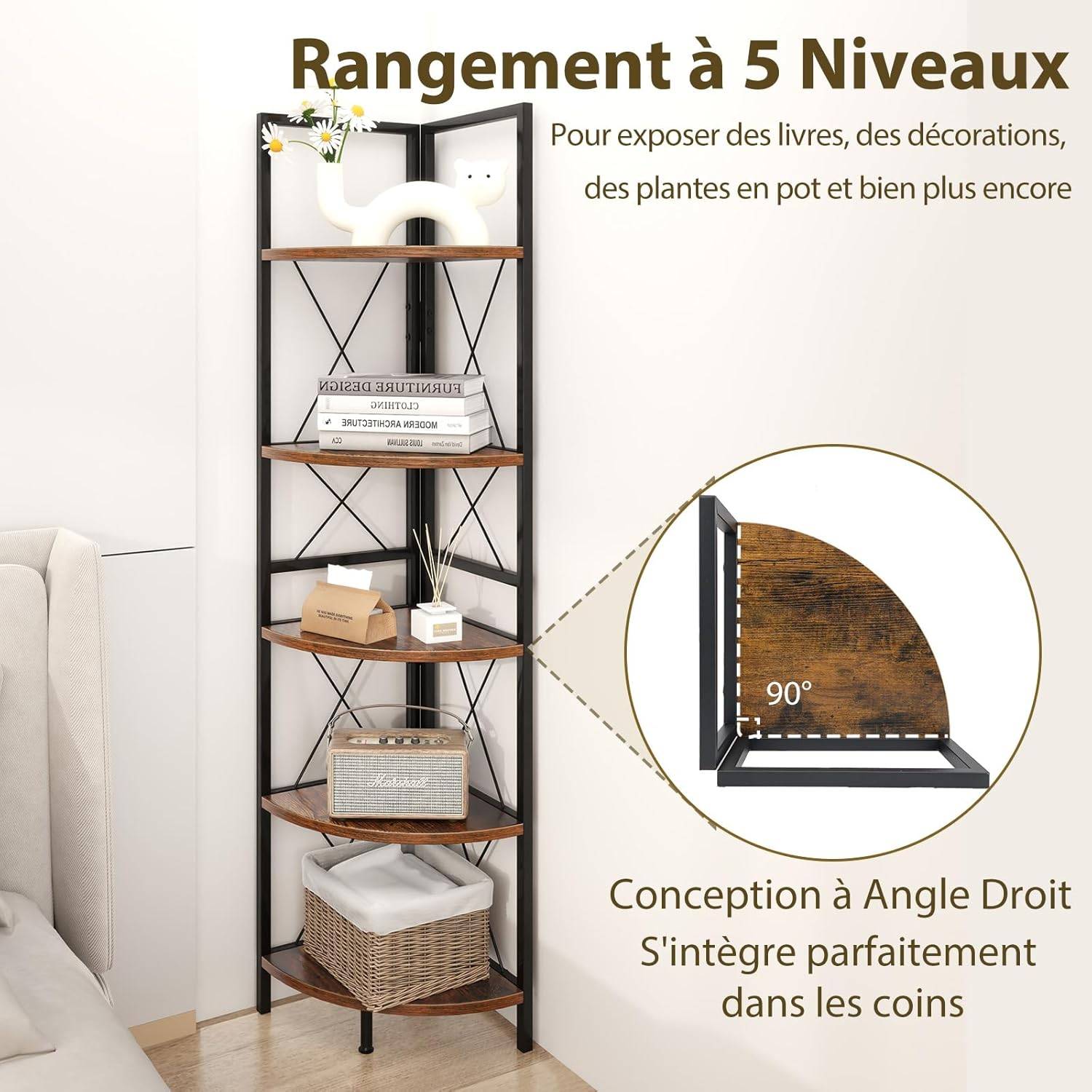 Meuble Étagère d'Angle à 5 Niveaux COSTWAY, Bibliothèque Industrielle