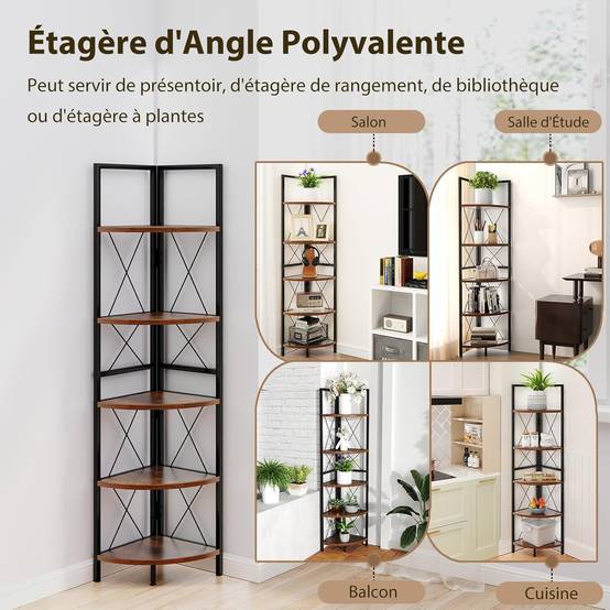 Étagère d'angle, Bibliothèque Étagère à 5 Niveaux avec Cadre en Métal, Supports d'Échelles, Étagère pour Plantes, Brun - Image 5