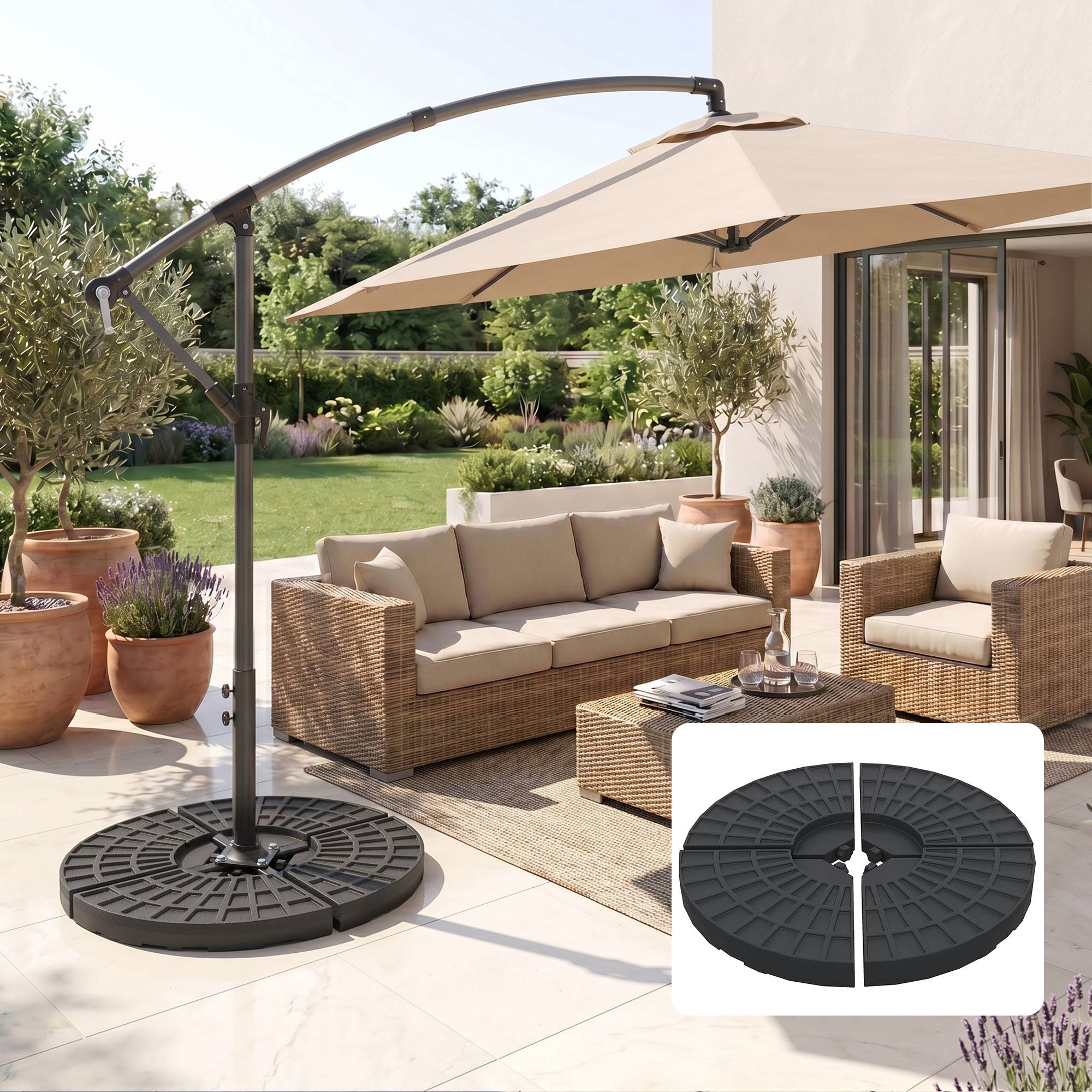Poids base parasol 4 pieces remplissable eau 52 L sable 60 kg ou mixte 70 kg, base croix, noir - Image 3