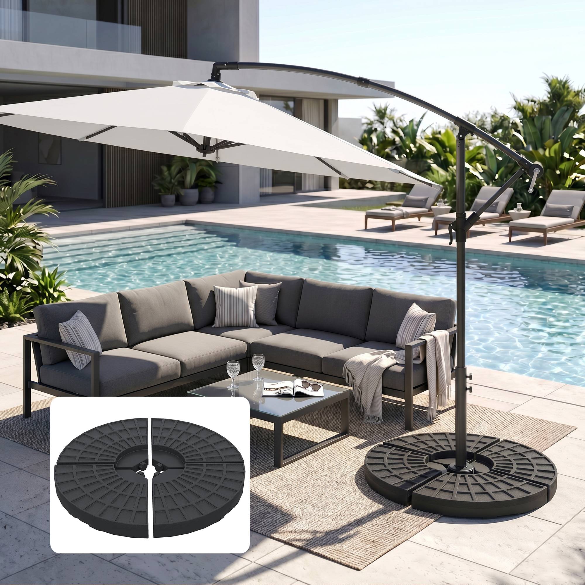 Poids base parasol 4 pieces remplissable eau 52 L sable 60 kg ou mixte 70 kg, base croix, noir - Image 4