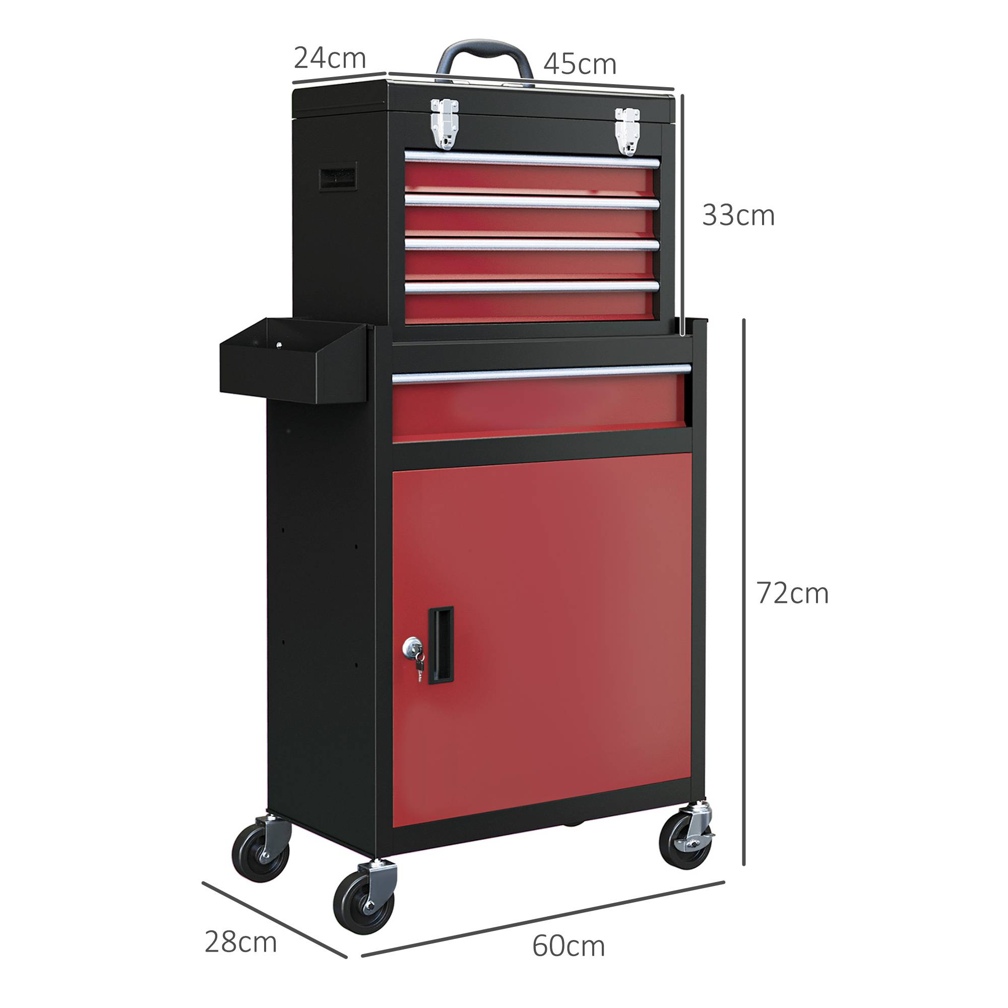 Sans Marque - Armoire roulante, caisse supérieure et tiroirs, verrouillable, métal, noir+rouge - Image 5