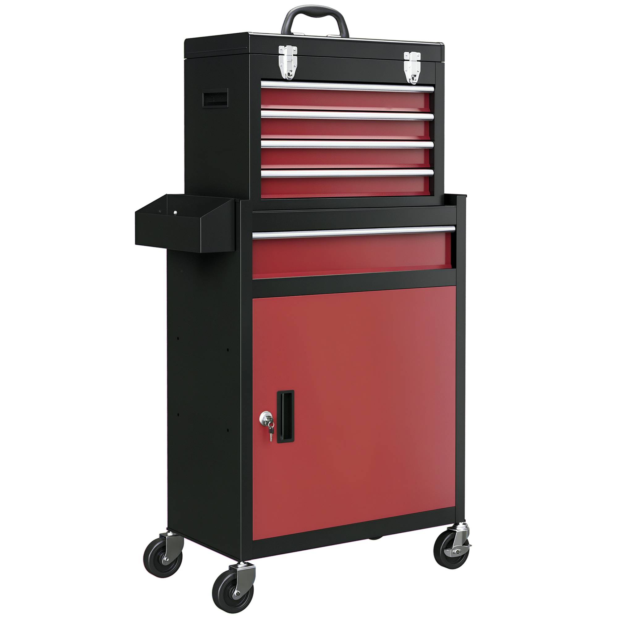 Sans Marque - Armoire roulante, caisse supérieure et tiroirs, verrouillable, métal, noir+rouge - Image 1