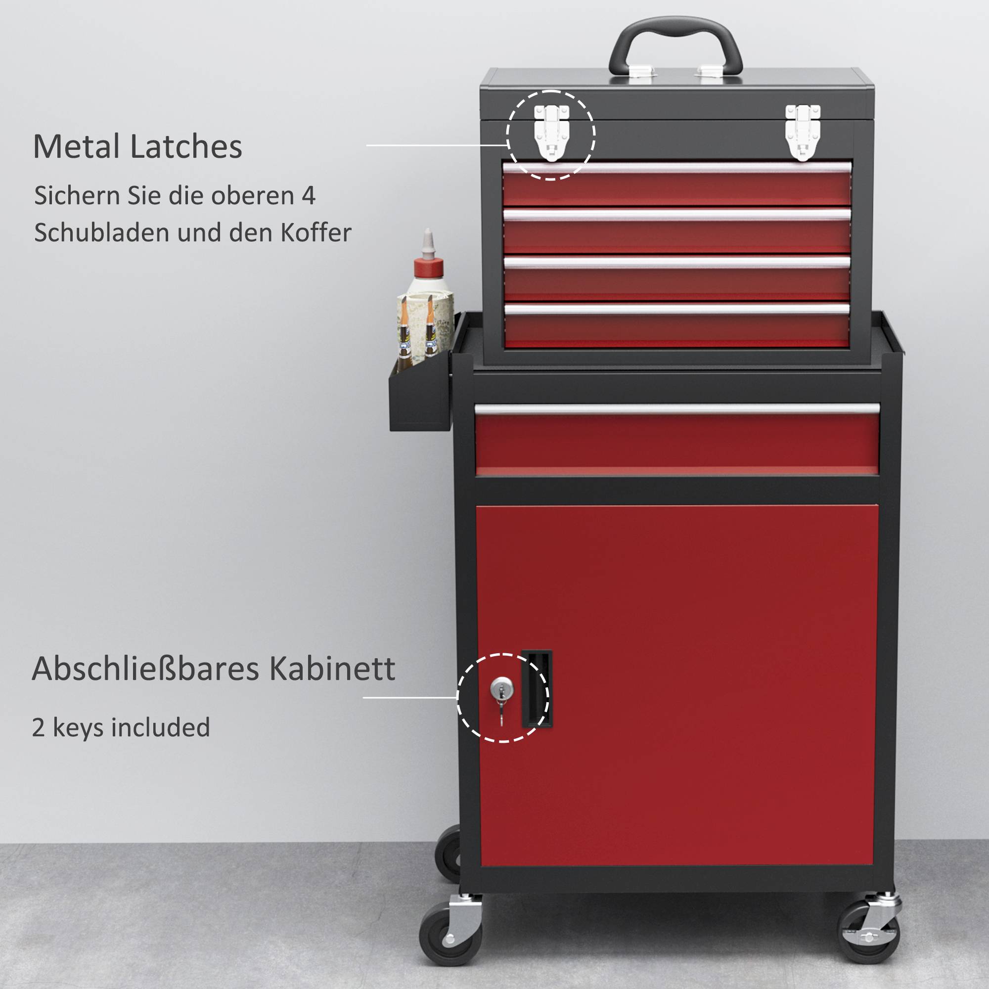 Sans Marque - Armoire roulante, caisse supérieure et tiroirs, verrouillable, métal, noir+rouge - Image 8