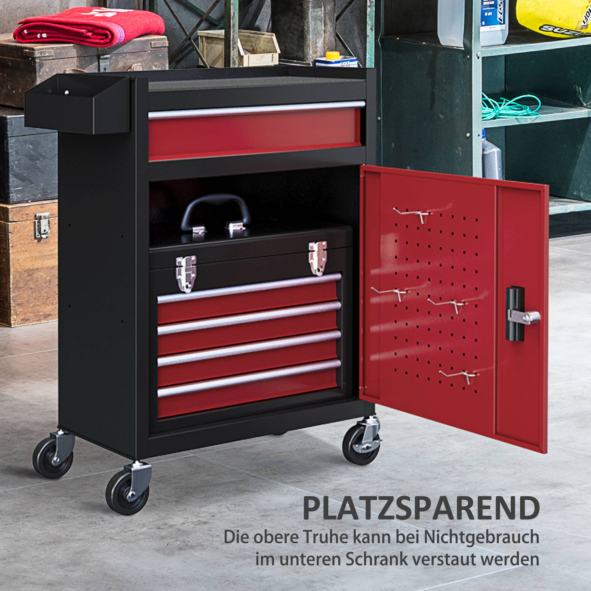 Sans Marque - Armoire roulante, caisse supérieure et tiroirs, verrouillable, métal, noir+rouge - Image 7