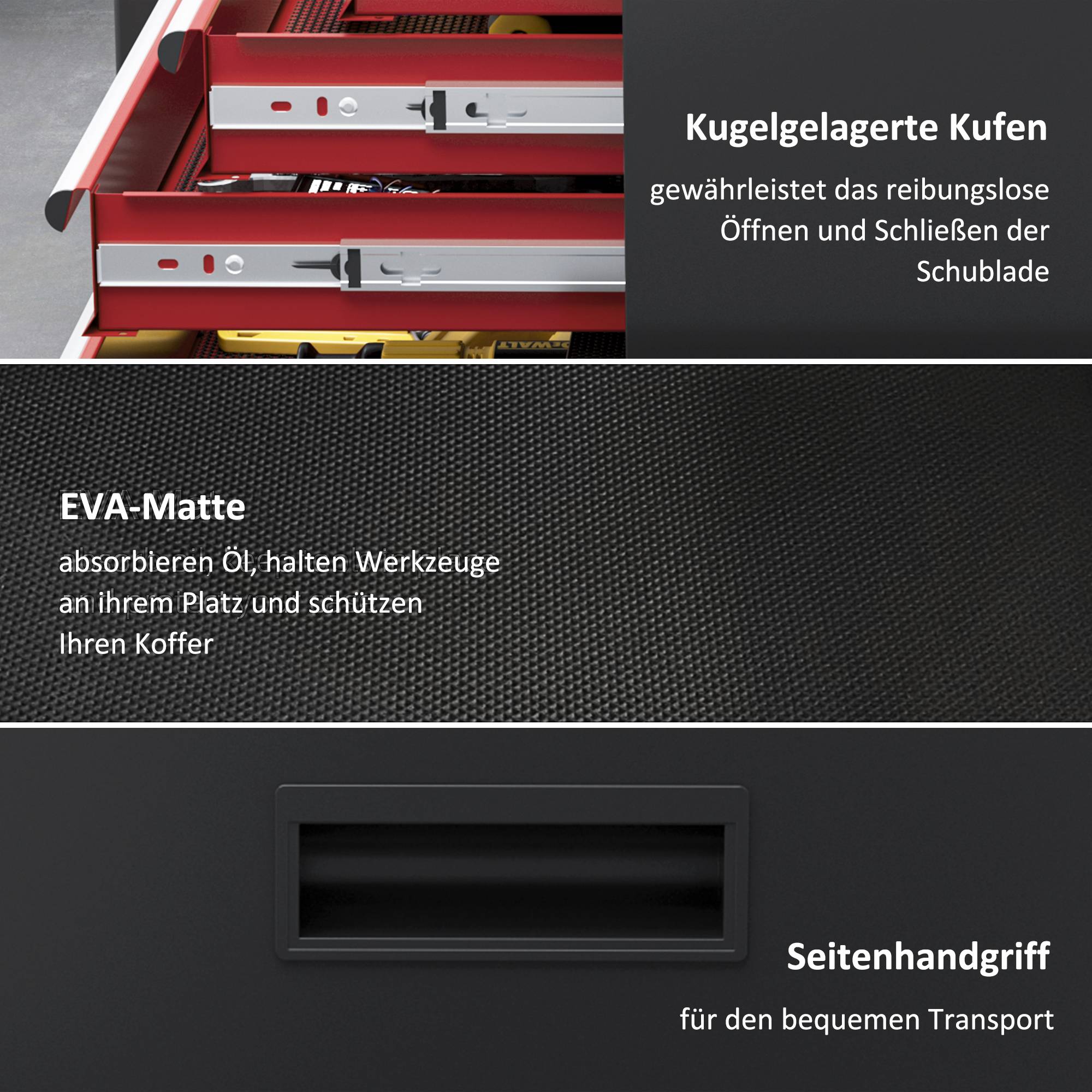 Sans Marque - Armoire roulante, caisse supérieure et tiroirs, verrouillable, métal, noir+rouge - Image 9