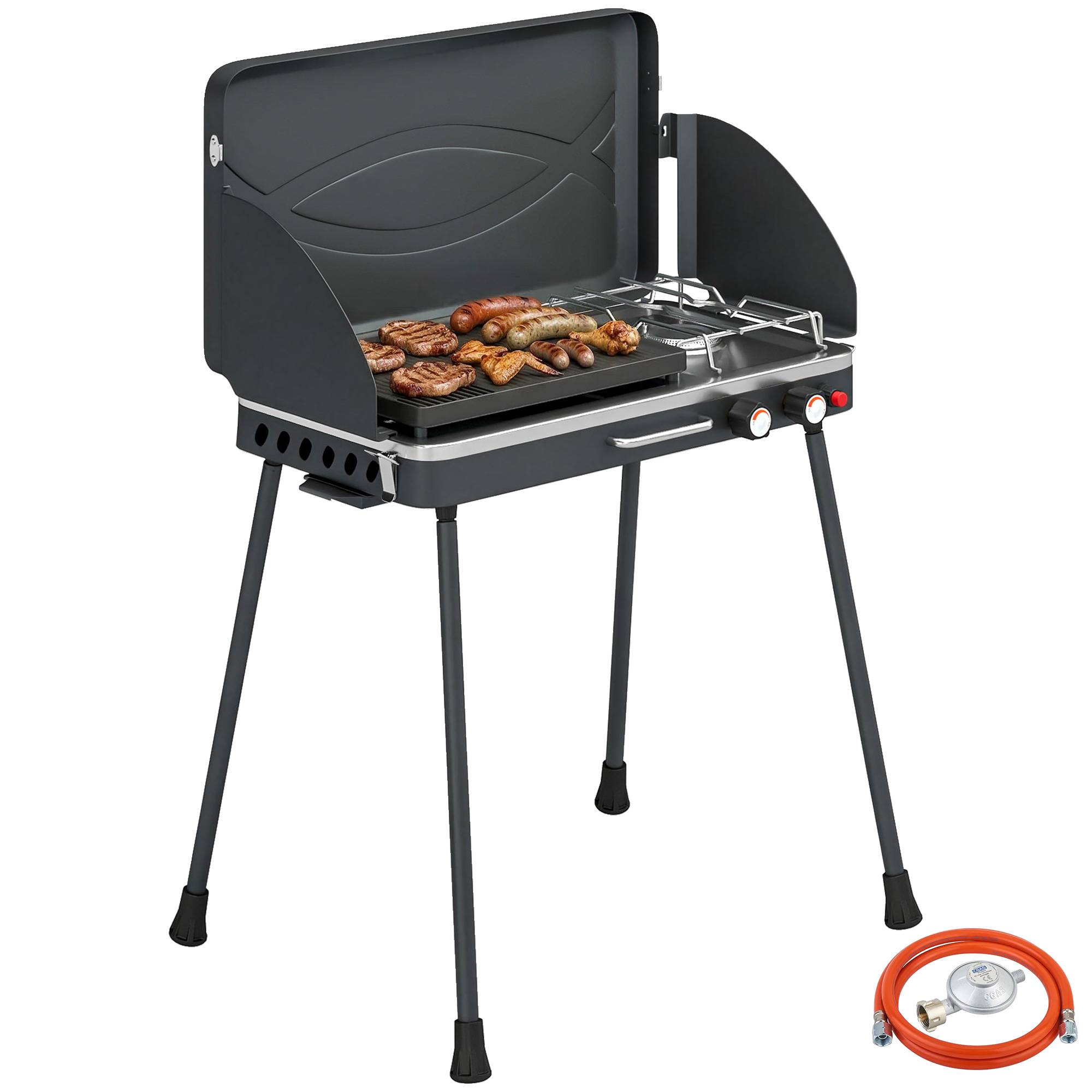 Barbecue portable 2 en 1 au propane avec grill et réchaud, 7 kW, noir