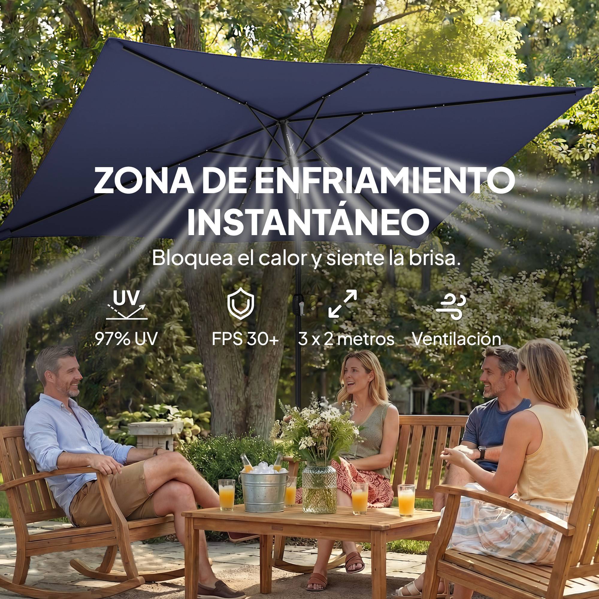 Parasol jardin 24 LED solaires, dais inclinable, mat metal 2,9x2,5 m, bleu fonce - Image 8