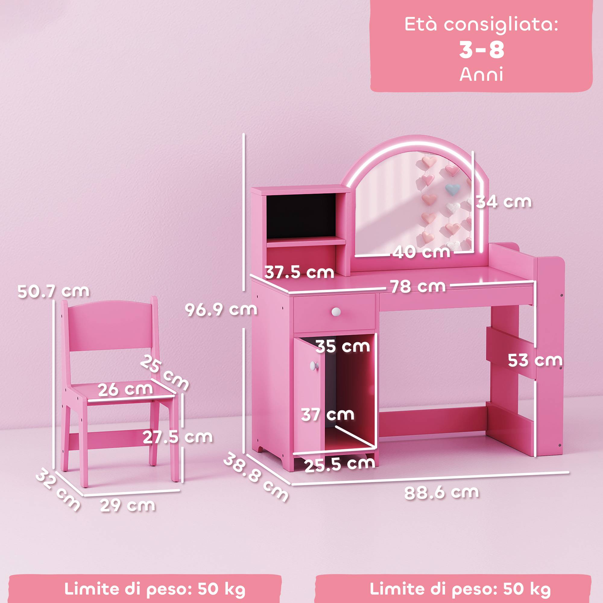 Sans Marque - Ensemble coiffeuse 2 en 1 pour enfants avec miroir, chaise, lumière LED, armoire, étagères et bibliothèque, rose - Image 5