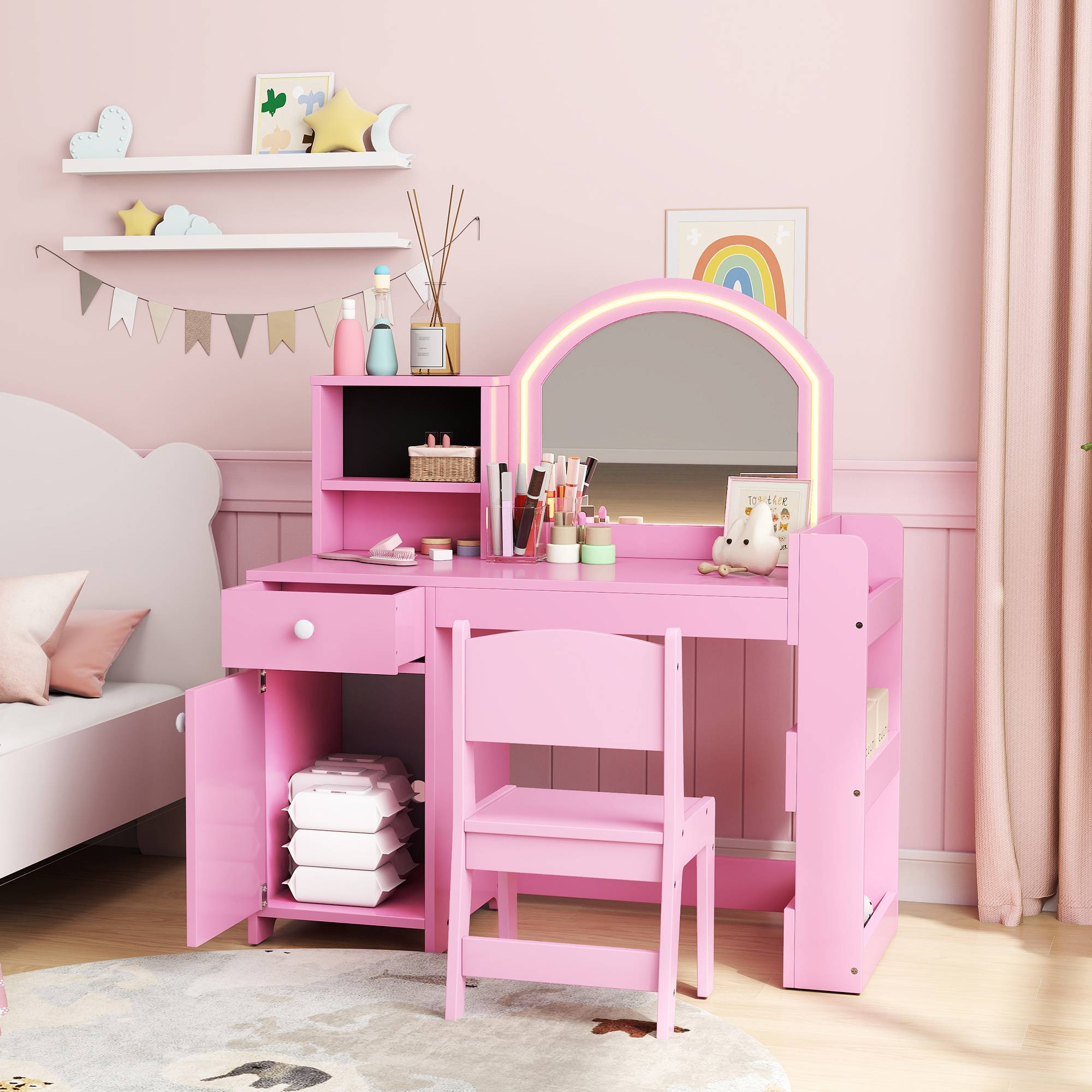 Sans Marque - Ensemble coiffeuse 2 en 1 pour enfants avec miroir, chaise, lumière LED, armoire, étagères et bibliothèque, rose - Image 4