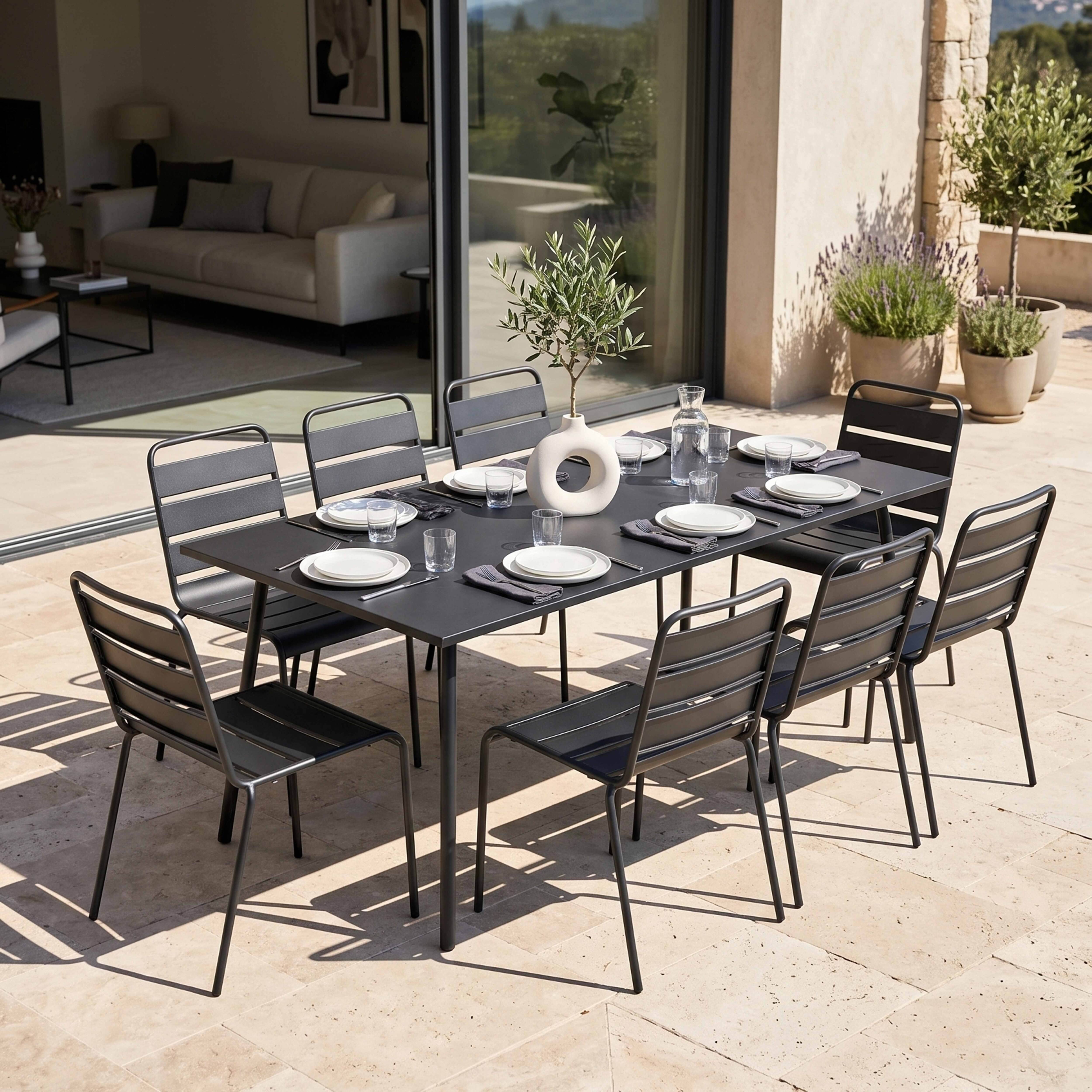 Oviala - Ensemble table de jardin et 8 chaises en métal gris Palavas - Oviala - Imagen 2