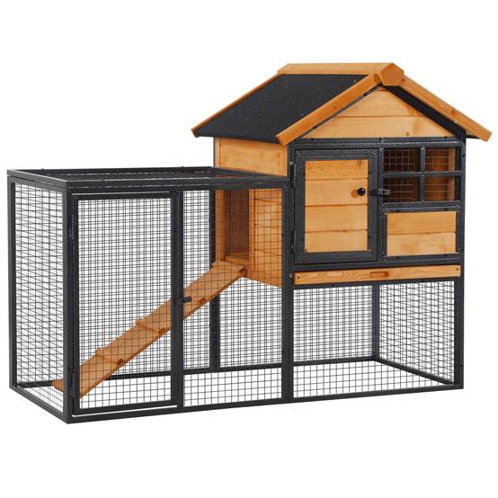 Clapier extérieur lapins/cochons d'Inde 122x63x92cm, 2 niveaux rampe, plateau amovible, bois & métal, gris - Image 1