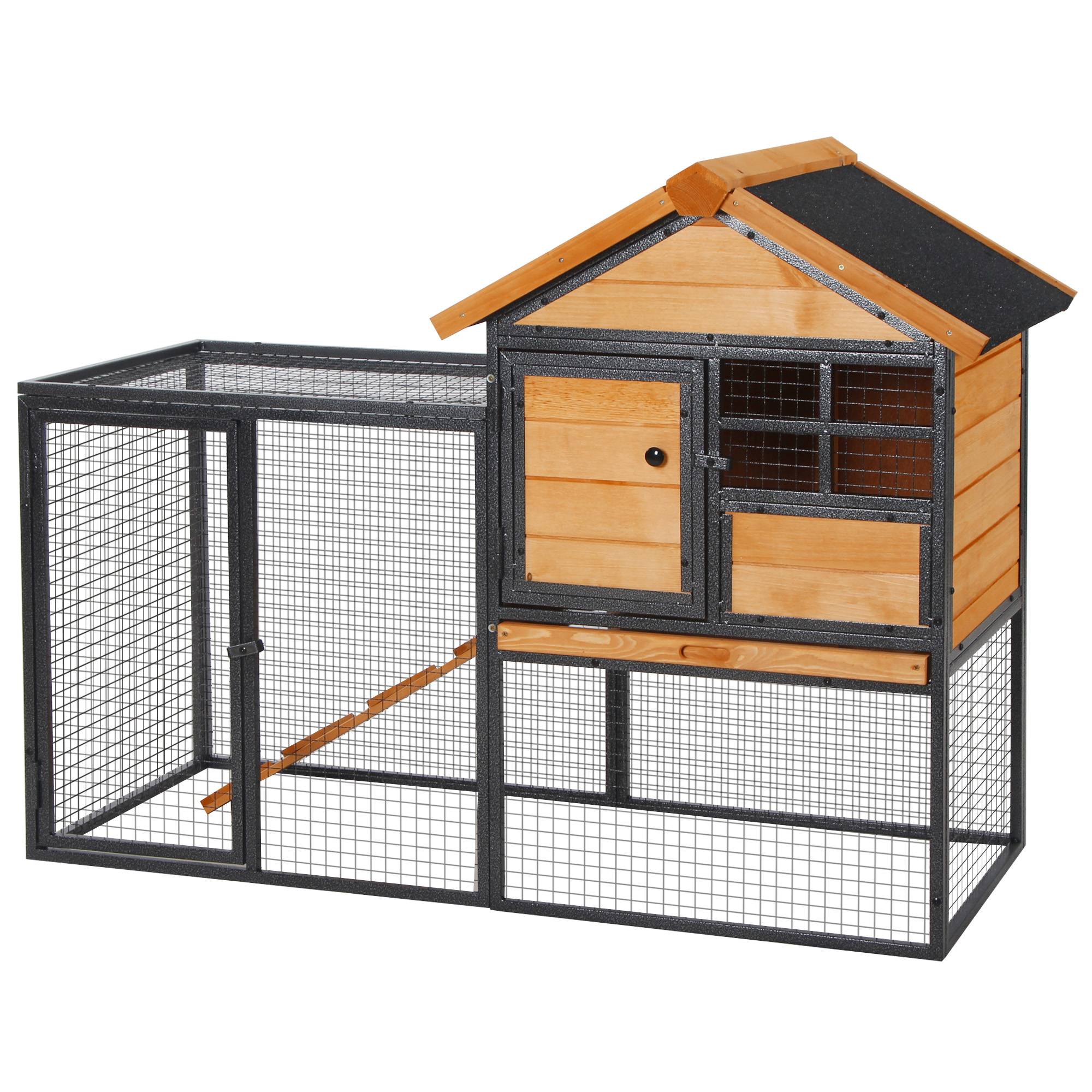 Clapier extérieur lapins/cochons d'Inde 122x63x92cm, 2 niveaux rampe, plateau amovible, bois & métal, gris - Image 2