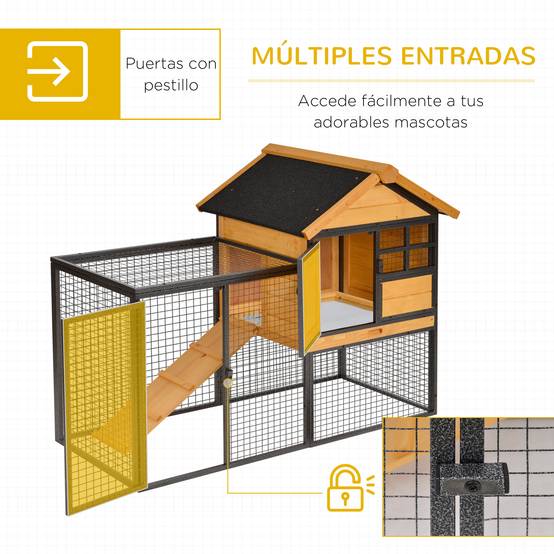 Clapier extérieur lapins/cochons d'Inde 122x63x92cm, 2 niveaux rampe, plateau amovible, bois & métal, gris - Image 7