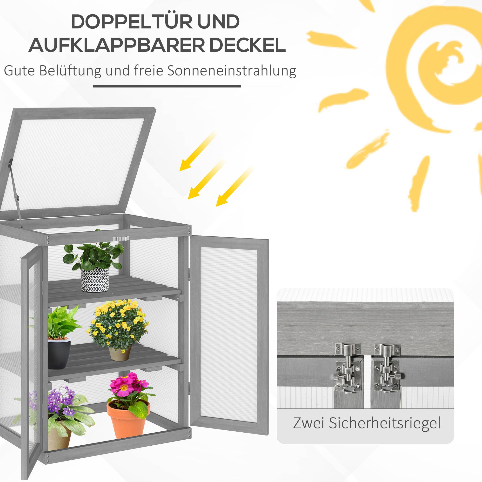 Serre Châssis Bois Polycarbonate Jardin 3 Niveaux Toit Ouvrant Double Porte 58x44x78cm Gris - ComfortXL Outdoor Living - Image 5