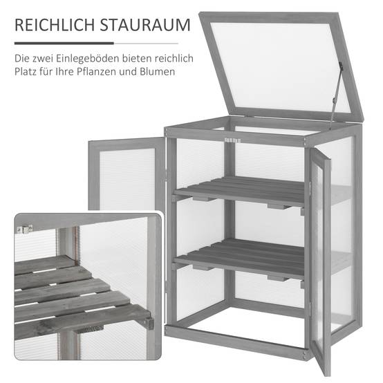 Serre Châssis Bois Polycarbonate Jardin 3 Niveaux Toit Ouvrant Double Porte 58x44x78cm Gris - ComfortXL Outdoor Living - Image 6