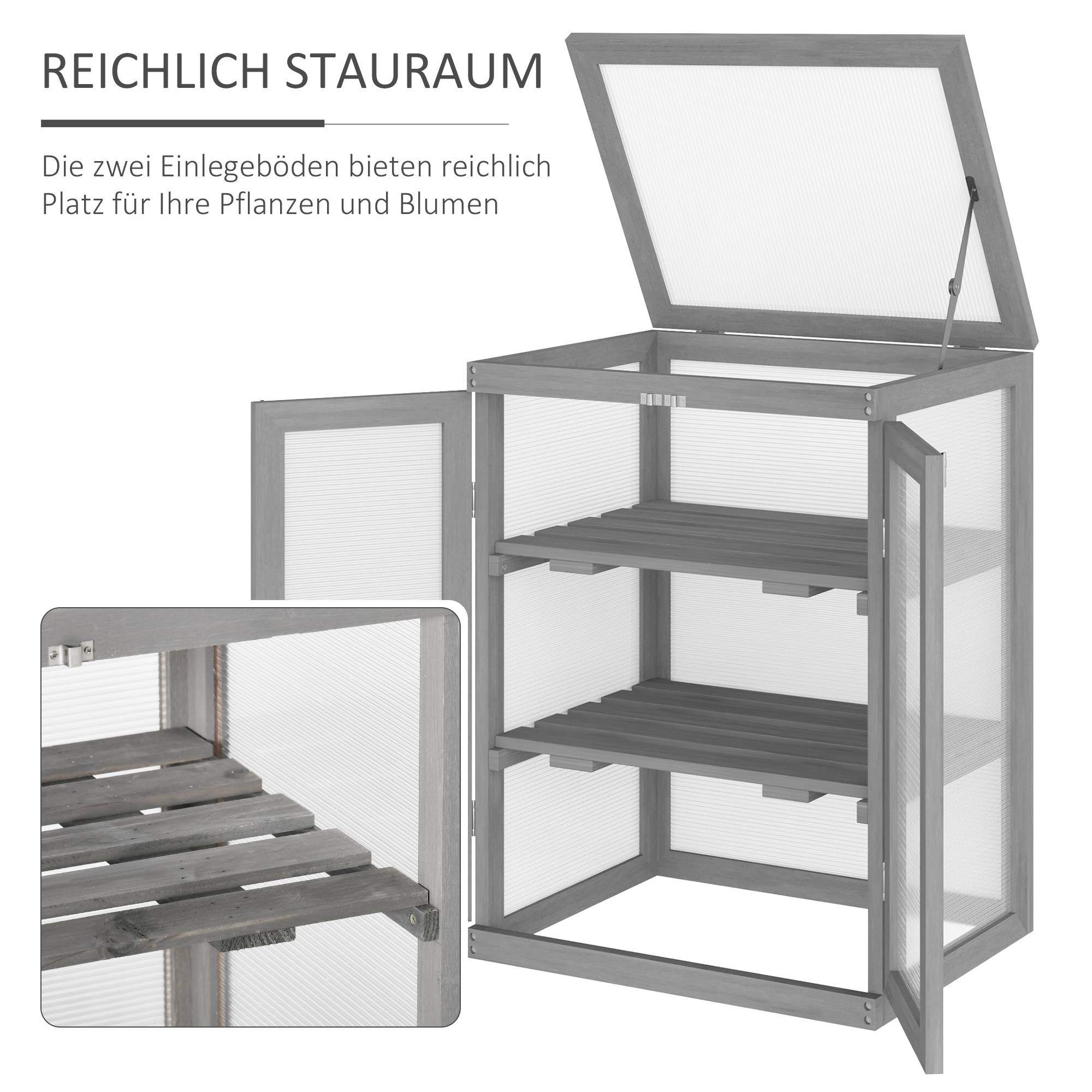 Serre Châssis Bois Polycarbonate Jardin 3 Niveaux Toit Ouvrant Double Porte 58x44x78cm Gris - ComfortXL Outdoor Living - Image 6