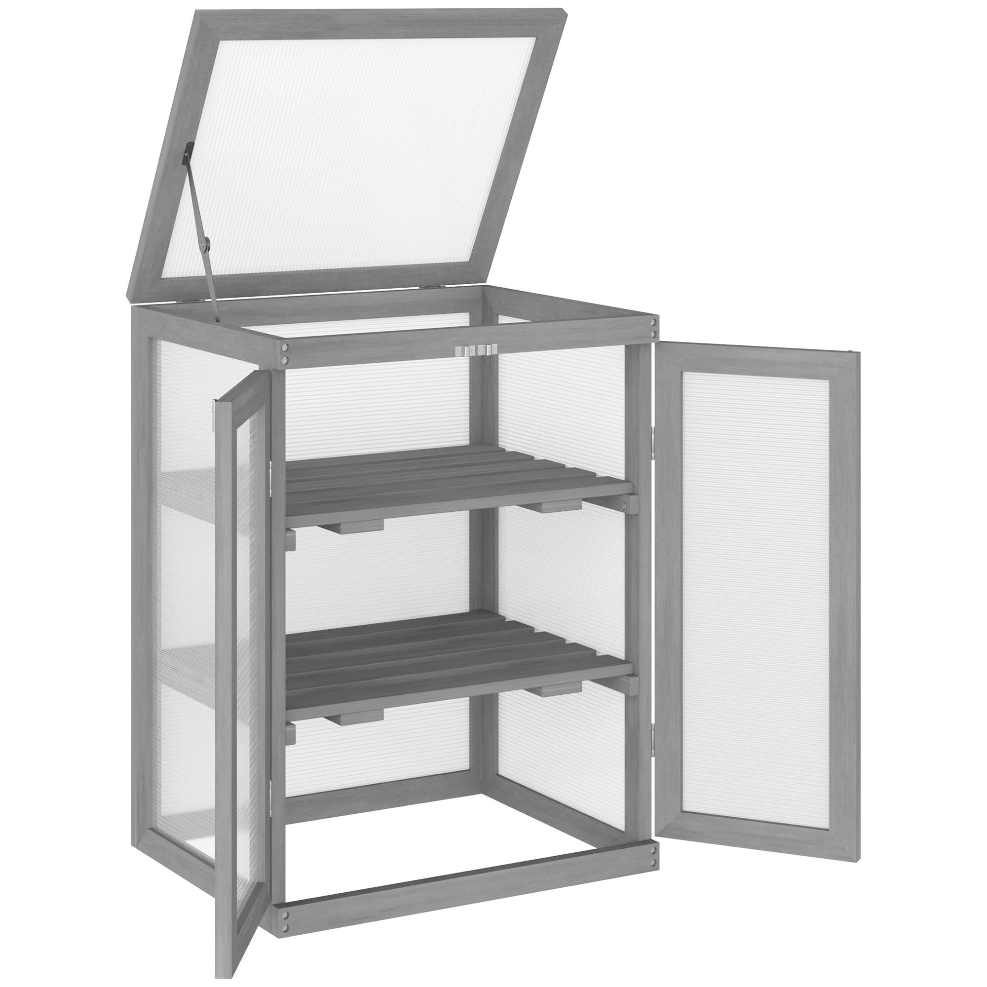 Serre Châssis Bois Polycarbonate Jardin 3 Niveaux Toit Ouvrant Double Porte 58x44x78cm Gris - ComfortXL Outdoor Living - Image 2