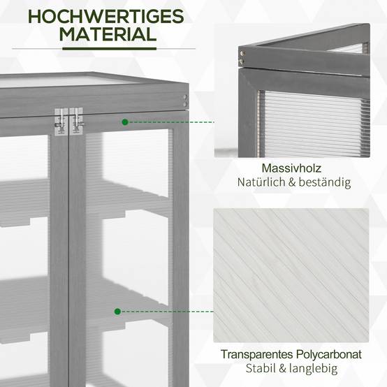 Serre Châssis Bois Polycarbonate Jardin 3 Niveaux Toit Ouvrant Double Porte 58x44x78cm Gris - ComfortXL Outdoor Living - Image 4