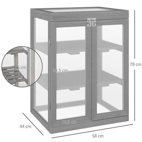Serre Châssis Bois Polycarbonate Jardin 3 Niveaux Toit Ouvrant Double Porte 58x44x78cm Gris - ComfortXL Outdoor Living - Image 3
