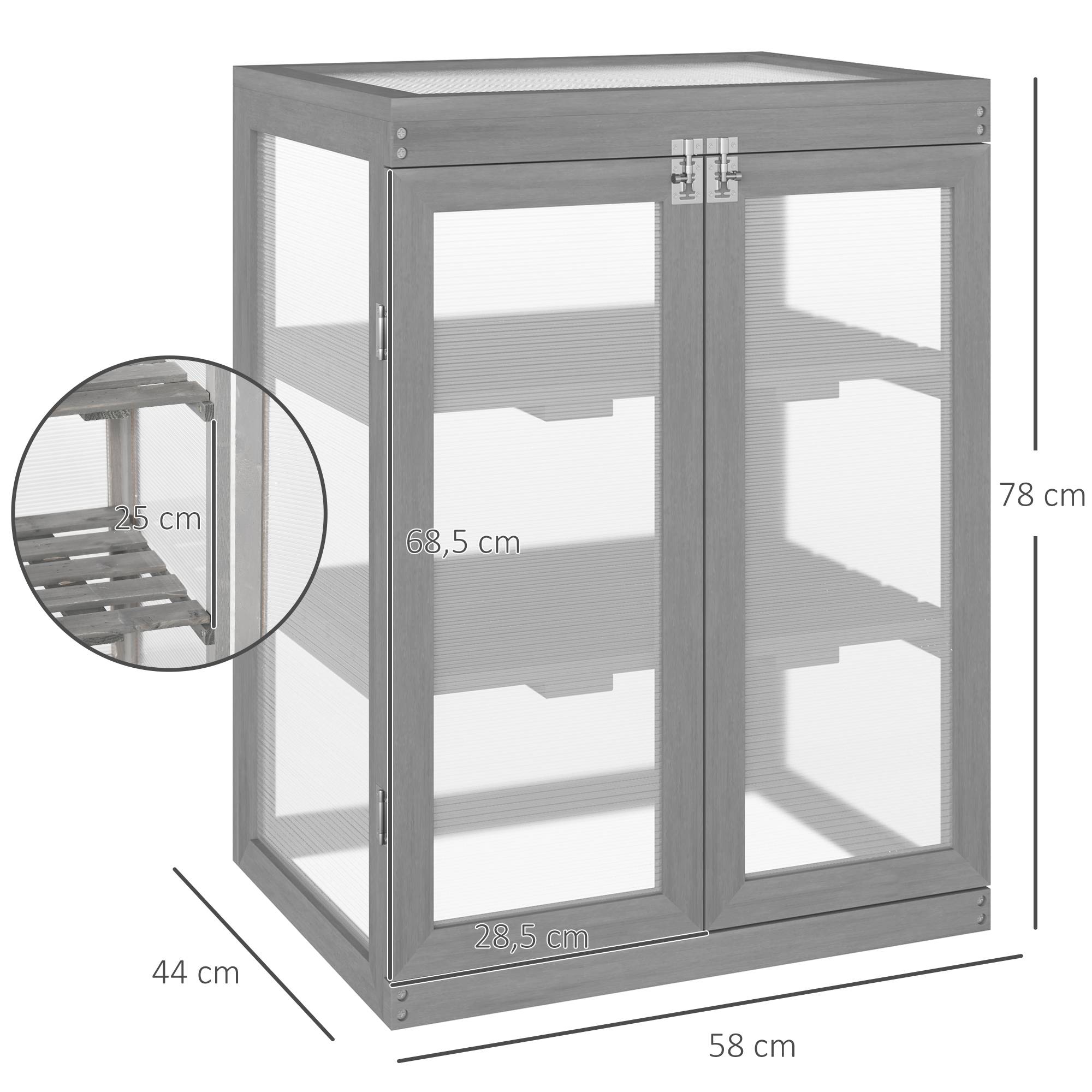 Serre Châssis Bois Polycarbonate Jardin 3 Niveaux Toit Ouvrant Double Porte 58x44x78cm Gris - ComfortXL Outdoor Living - Image 3