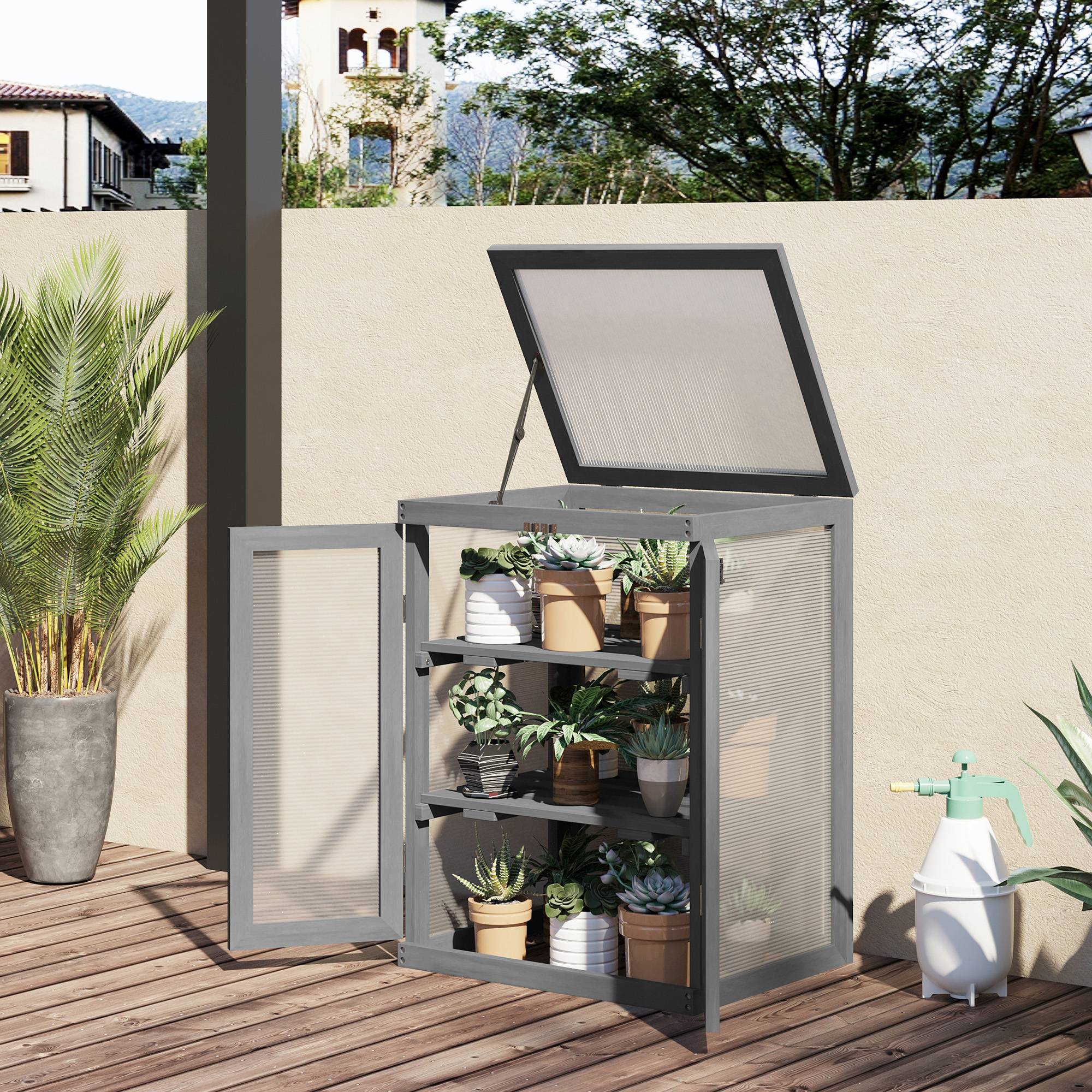 Serre Châssis Bois Polycarbonate Jardin 3 Niveaux Toit Ouvrant Double Porte 58x44x78cm Gris - ComfortXL Outdoor Living - Image 1