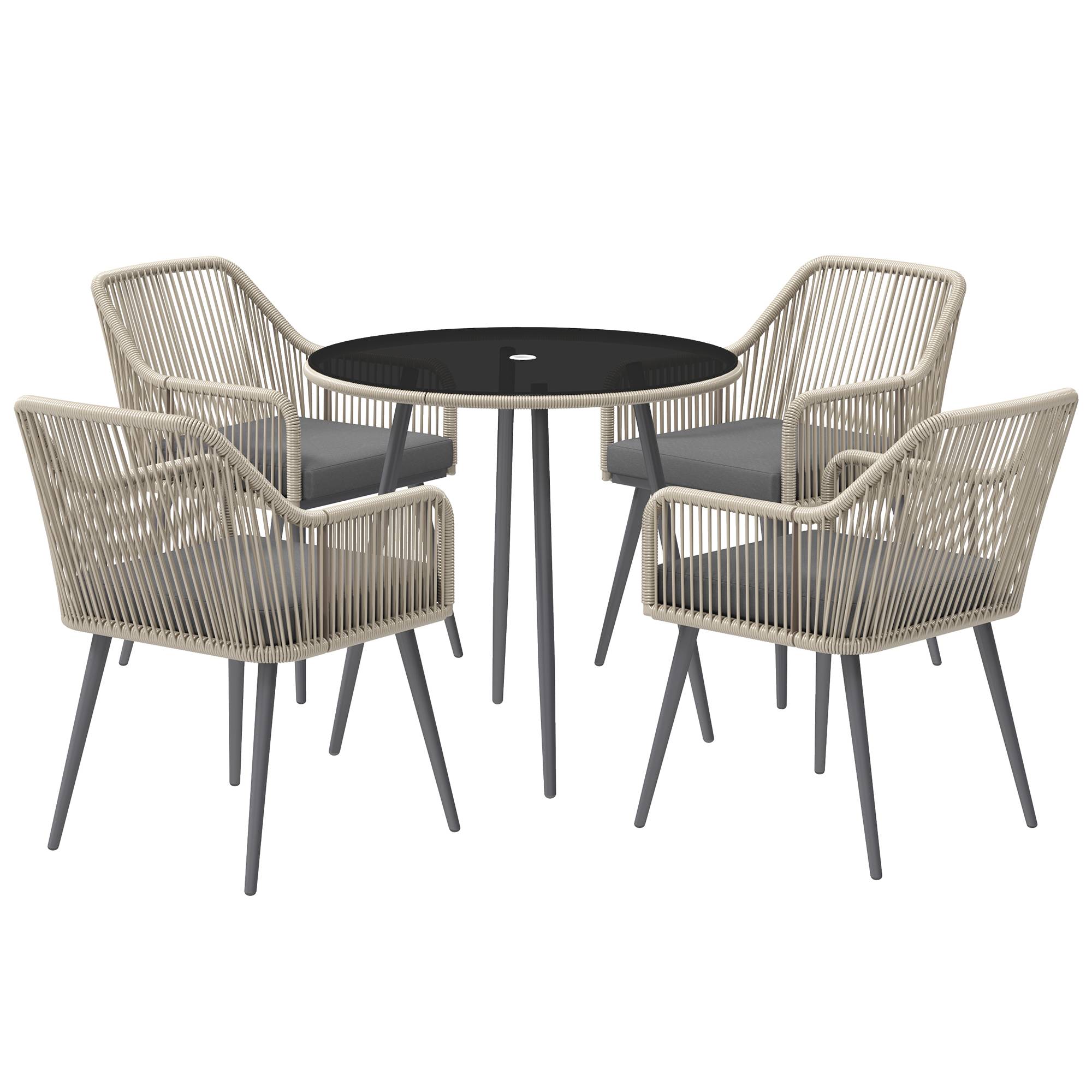 Outsunny - Salon de jardin extérieur 4 places avec table, chaises, coussins et table ronde en verre résine tressée marron - Outsunny - Image 1