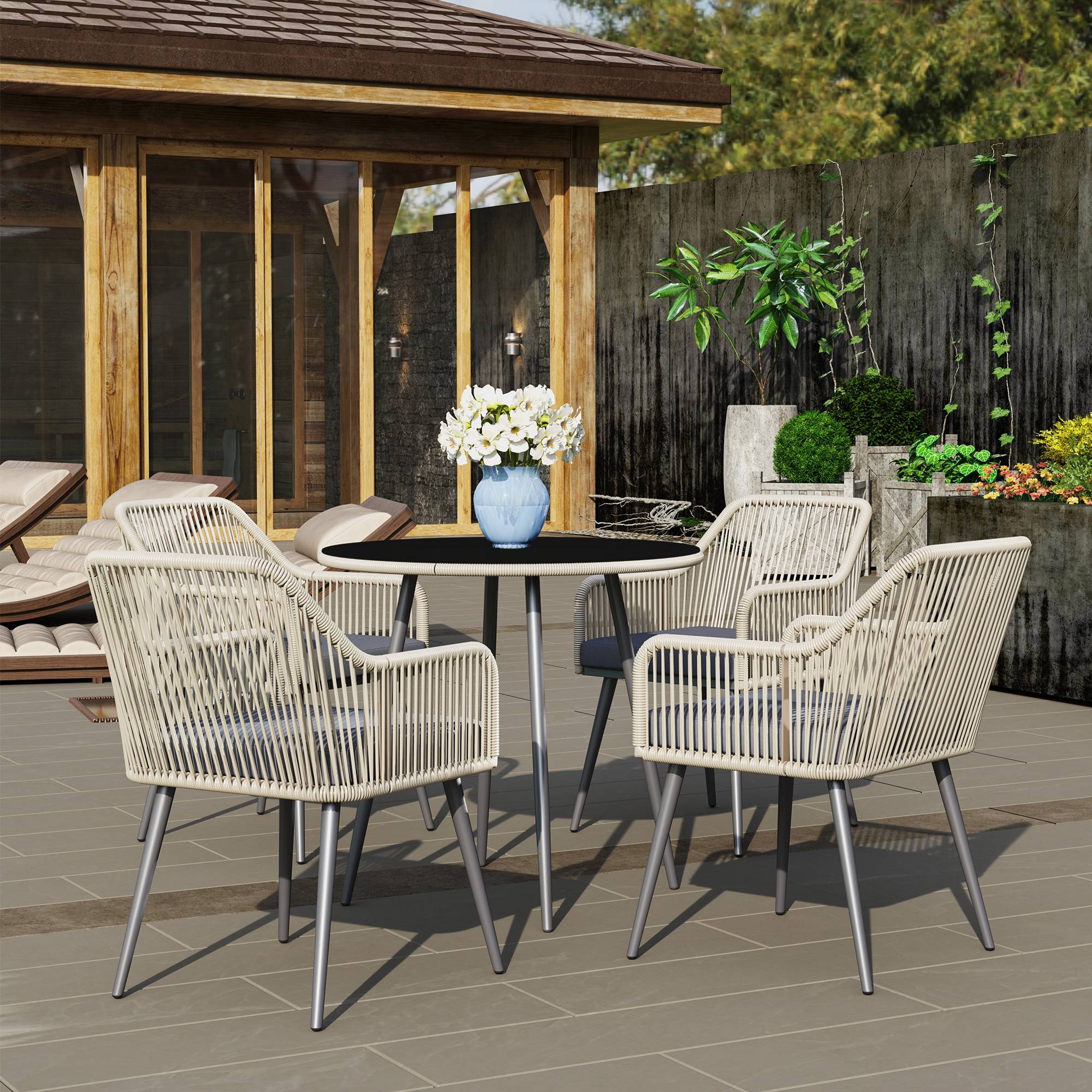 Outsunny - Salon de jardin extérieur 4 places avec table, chaises, coussins et table ronde en verre résine tressée marron - Outsunny - Image 4