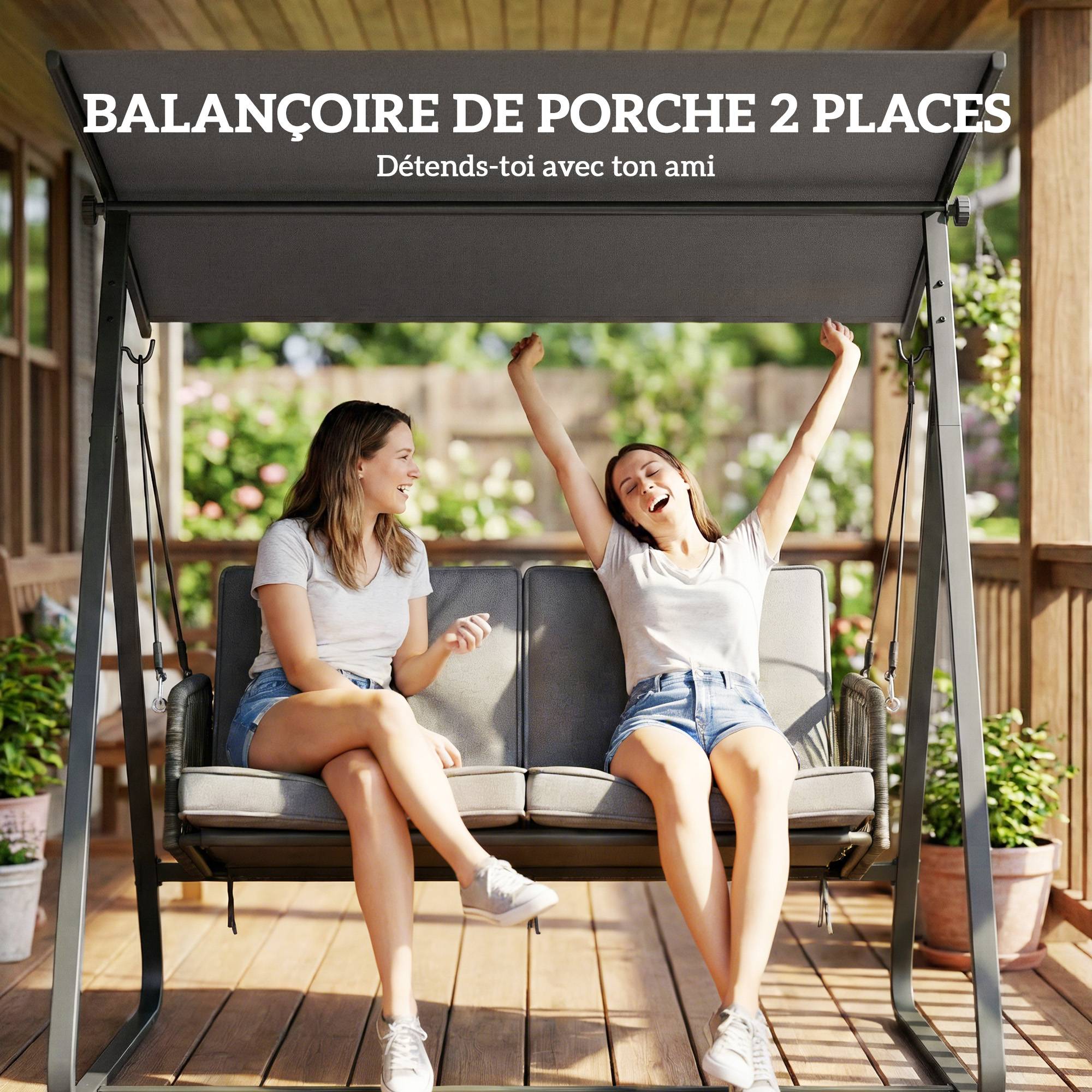 Balancelle de jardin 2 places acier et résine tressée pour terrasse toit réglable coussin gris - ComfortXL Outdoor Living - Image 6