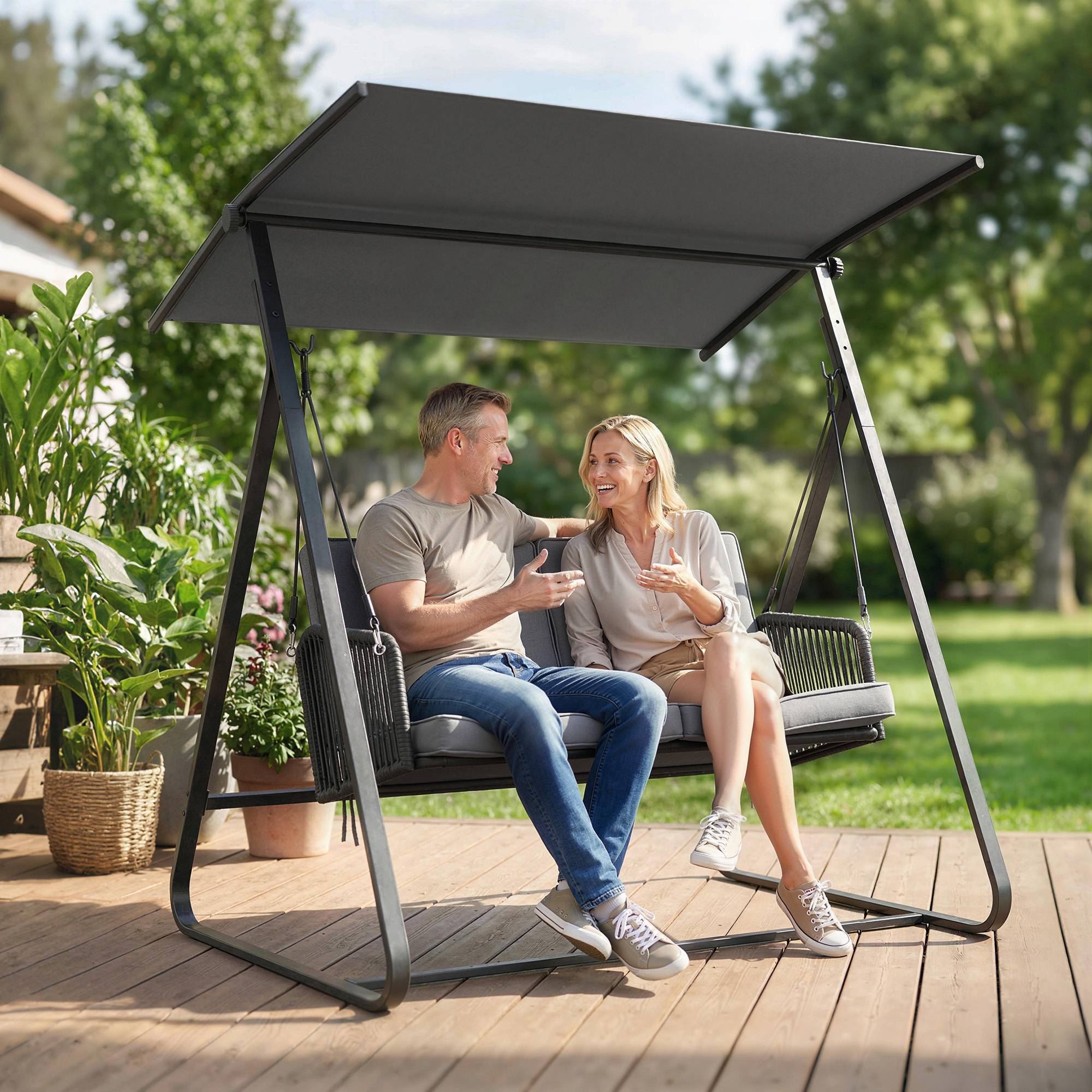 Balancelle de jardin 2 places acier et résine tressée pour terrasse toit réglable coussin gris - ComfortXL Outdoor Living - Image 3