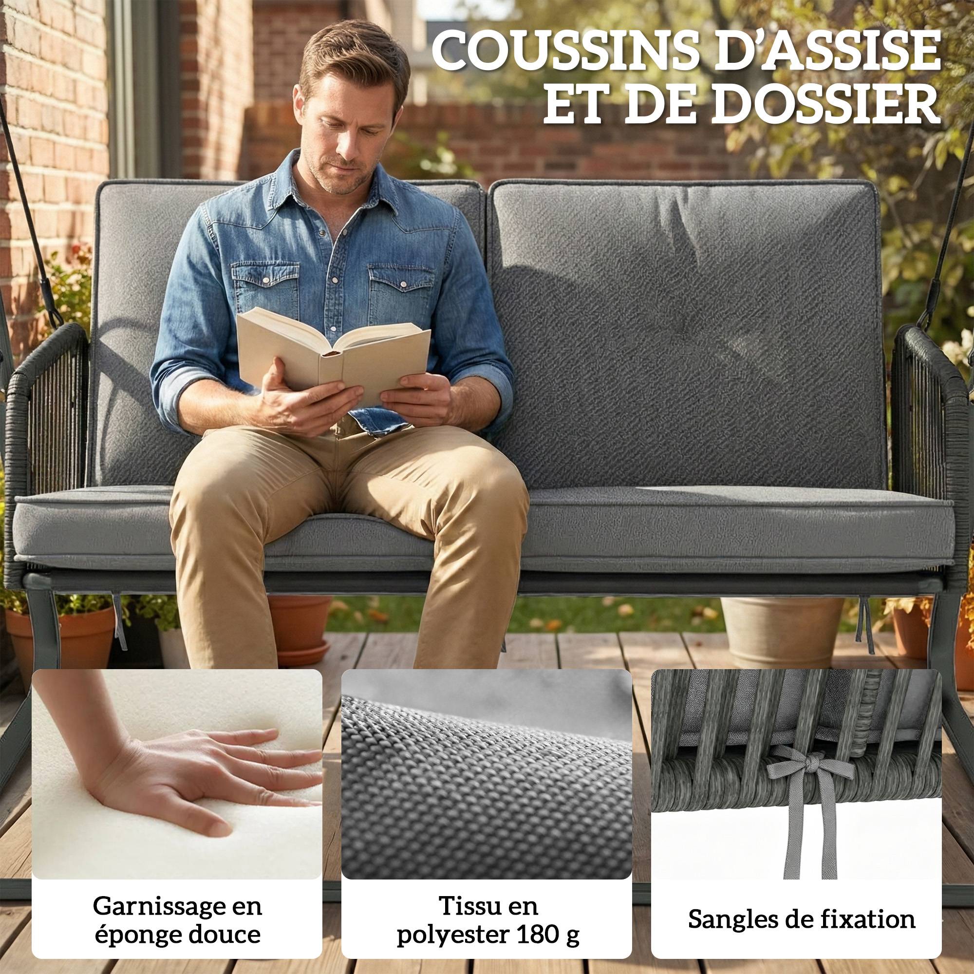 Balancelle de jardin 2 places acier et résine tressée pour terrasse toit réglable coussin gris - ComfortXL Outdoor Living - Image 8