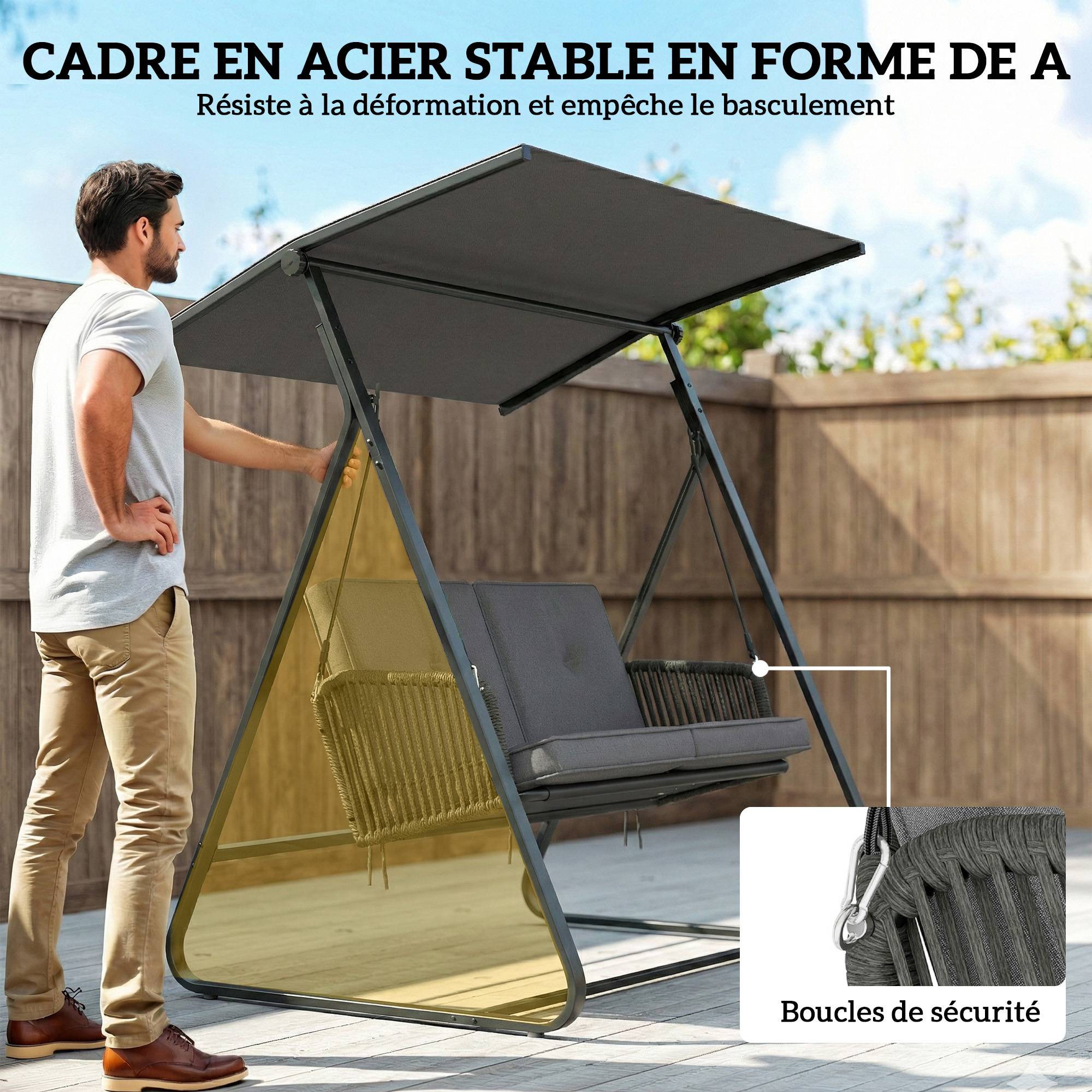 Balancelle de jardin 2 places acier et résine tressée pour terrasse toit réglable coussin gris - ComfortXL Outdoor Living - Image 10