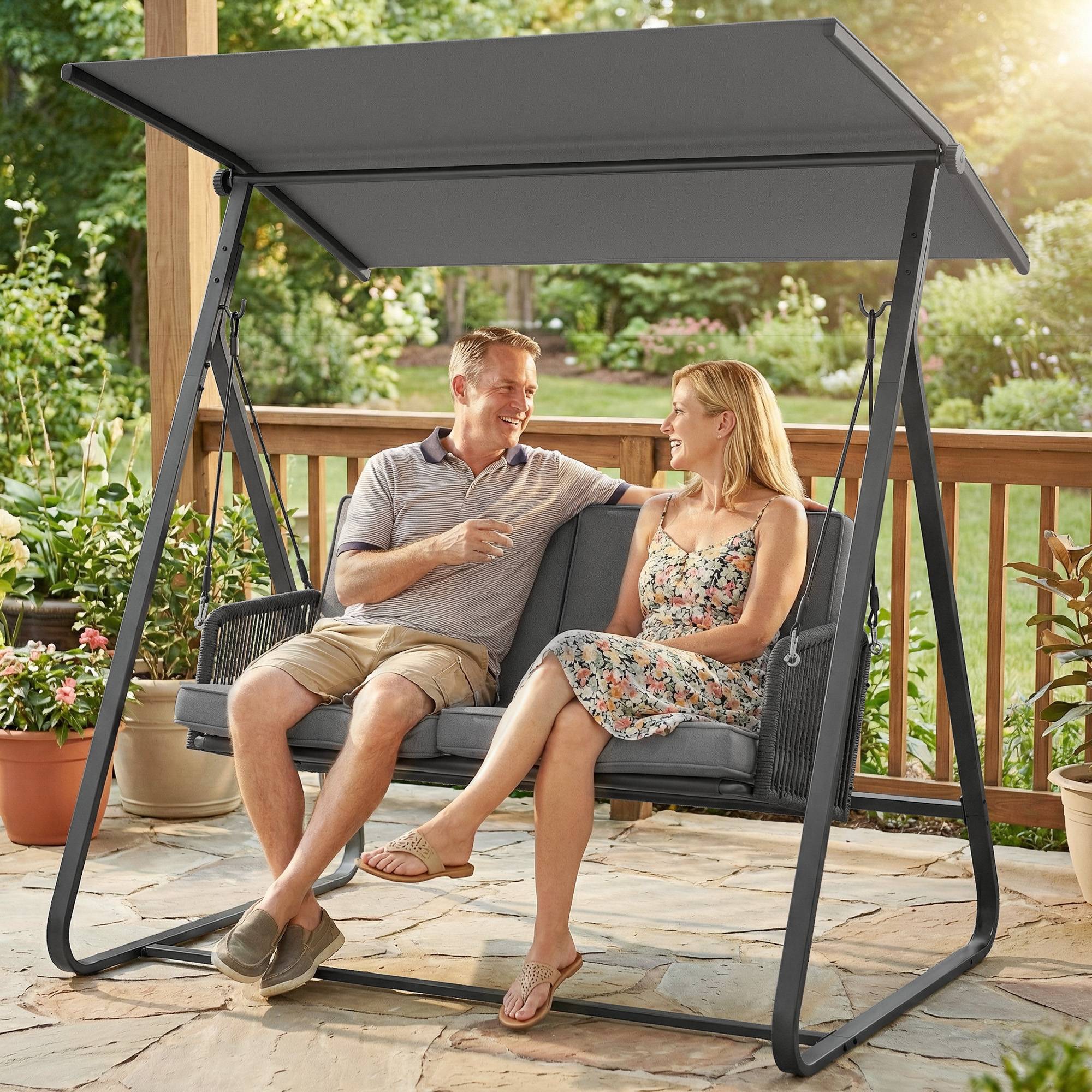 Balancelle de jardin 2 places acier et résine tressée pour terrasse toit réglable coussin gris - ComfortXL Outdoor Living - Image 4