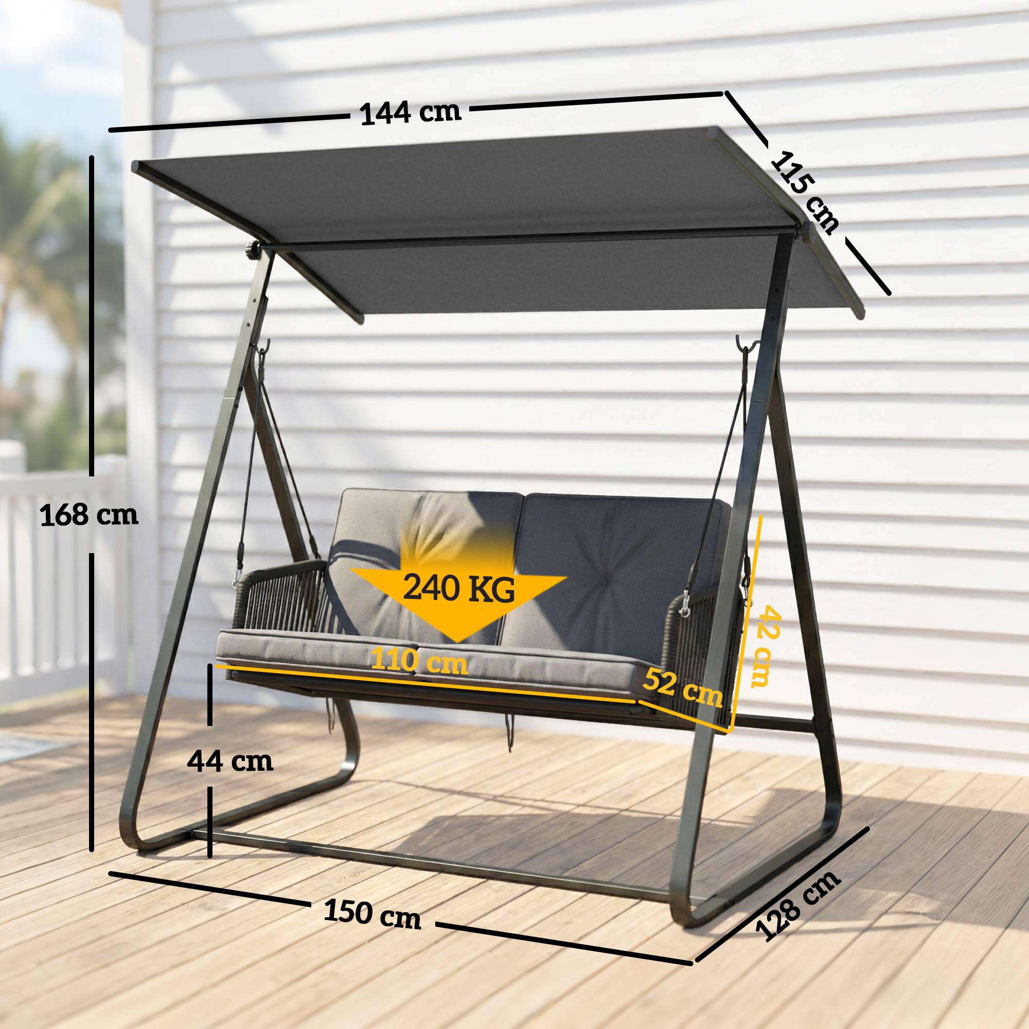 Balancelle de jardin 2 places acier et résine tressée pour terrasse toit réglable coussin gris - ComfortXL Outdoor Living - Image 5