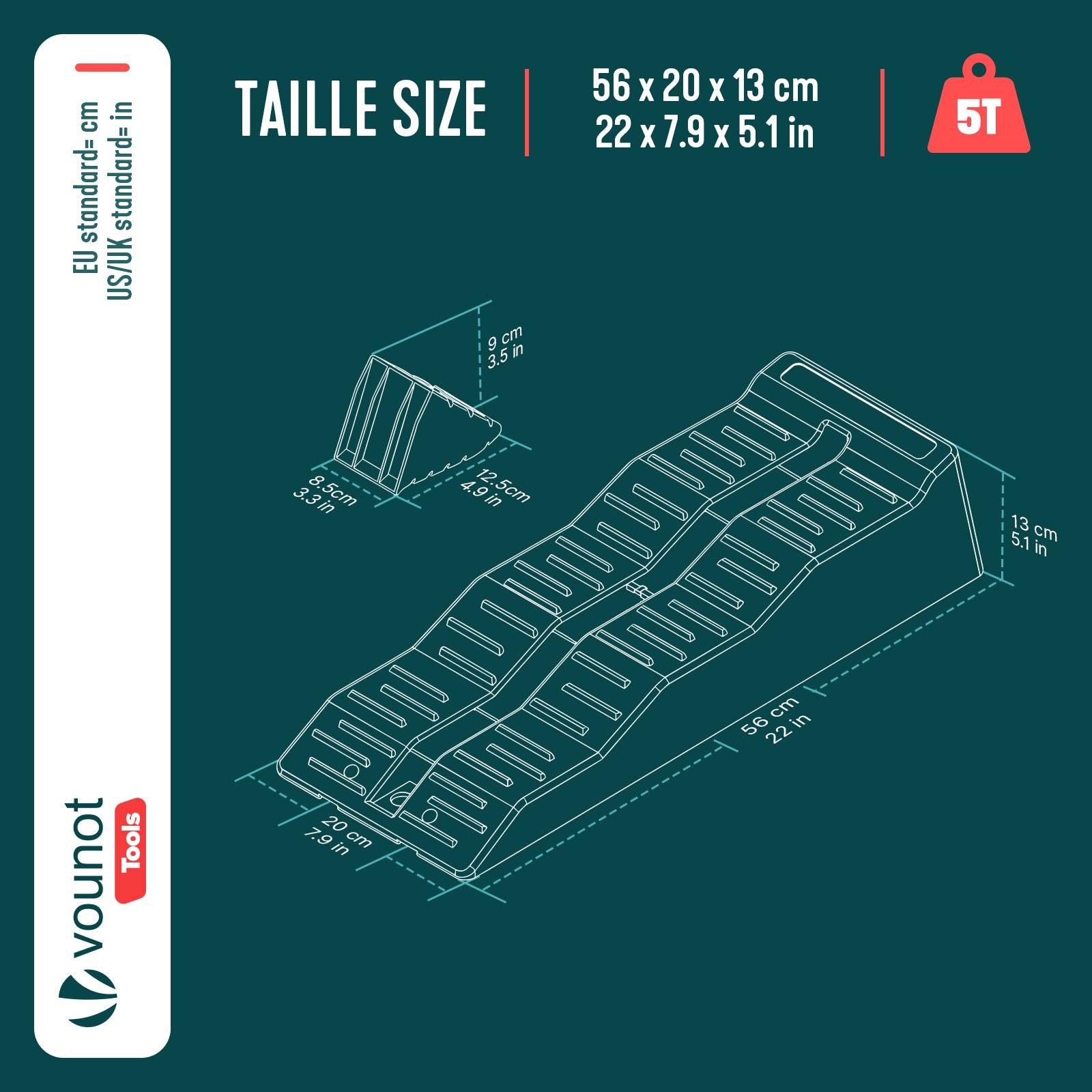 Lot de 2 Rampes de nivellement voiture 5T - 3 niveaux de hauteur avec cales intégrées antidérapant - 56x20x13cm noir - VOUNOT® - Image 3