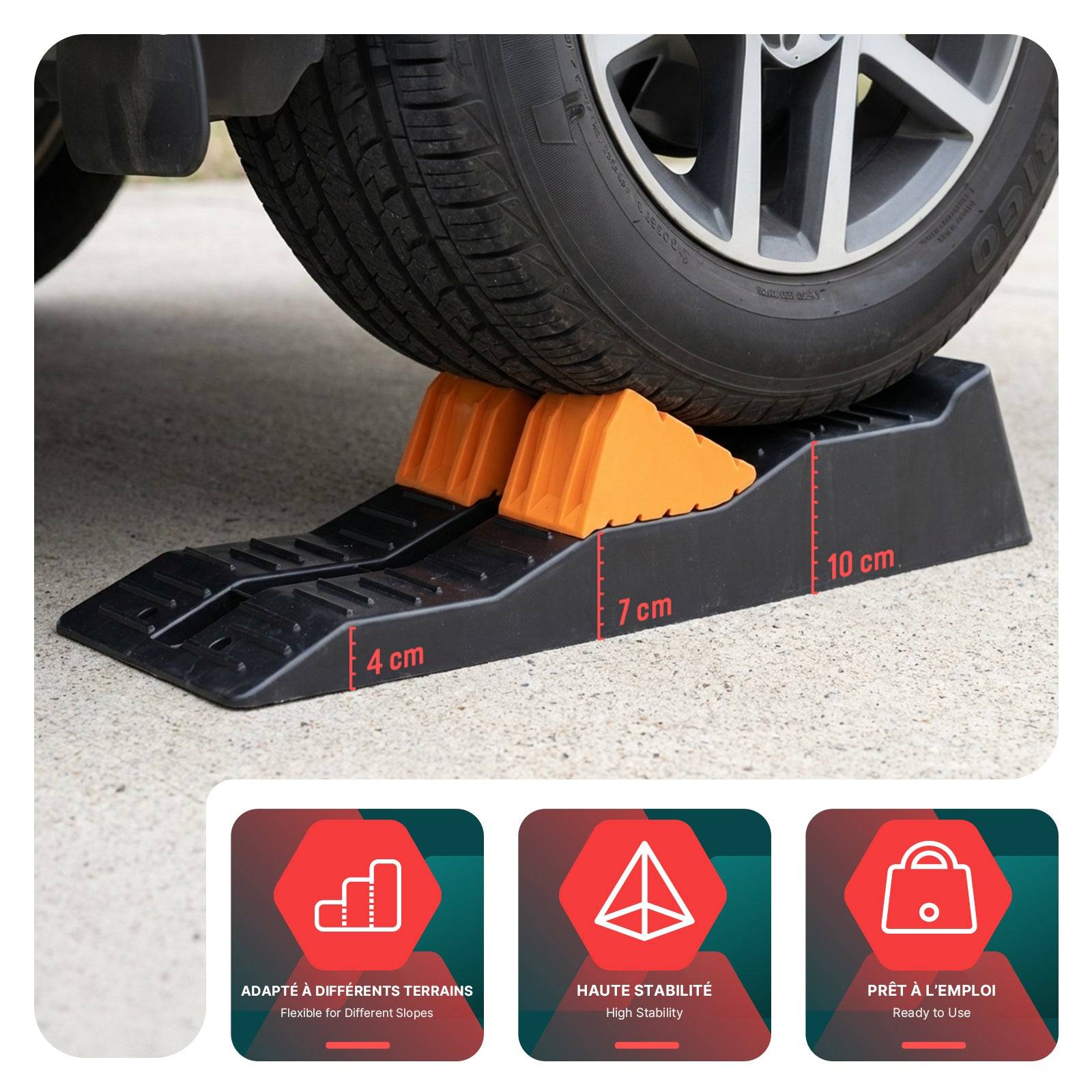 Lot de 2 Rampes de nivellement voiture 5T - 3 niveaux de hauteur avec cales intégrées antidérapant - 56x20x13cm noir - VOUNOT® - Image 4