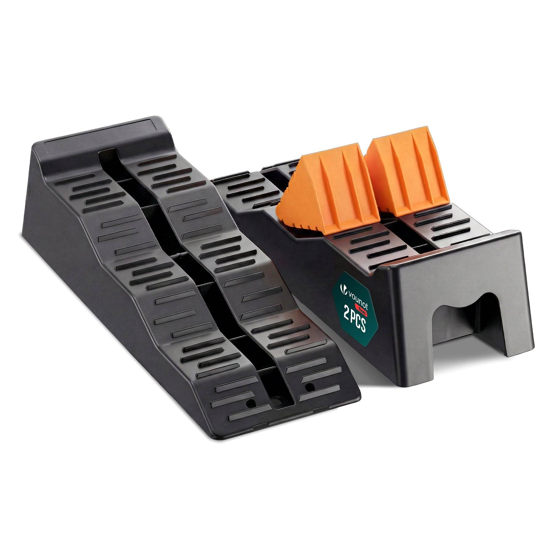 Lot de 2 Rampes de nivellement voiture 5T - 3 niveaux de hauteur avec cales intégrées antidérapant - 56x20x13cm noir - VOUNOT® - Image 1