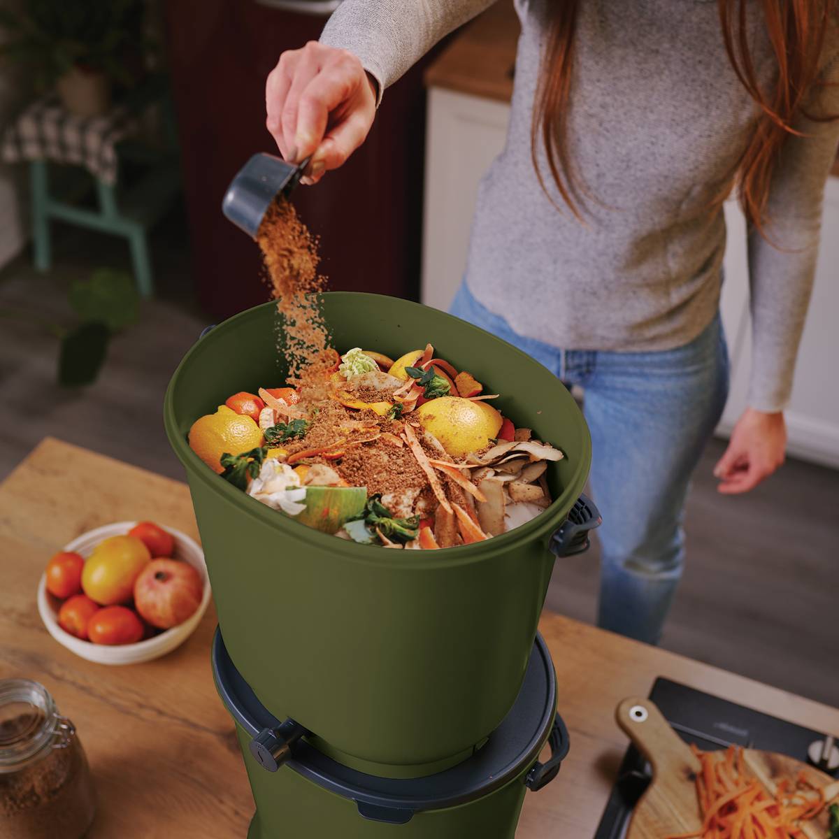 Lot de 2 composteurs Bokashi  Essential  15,3L+1kg de Brain+1 base-Olive - Imagen 4