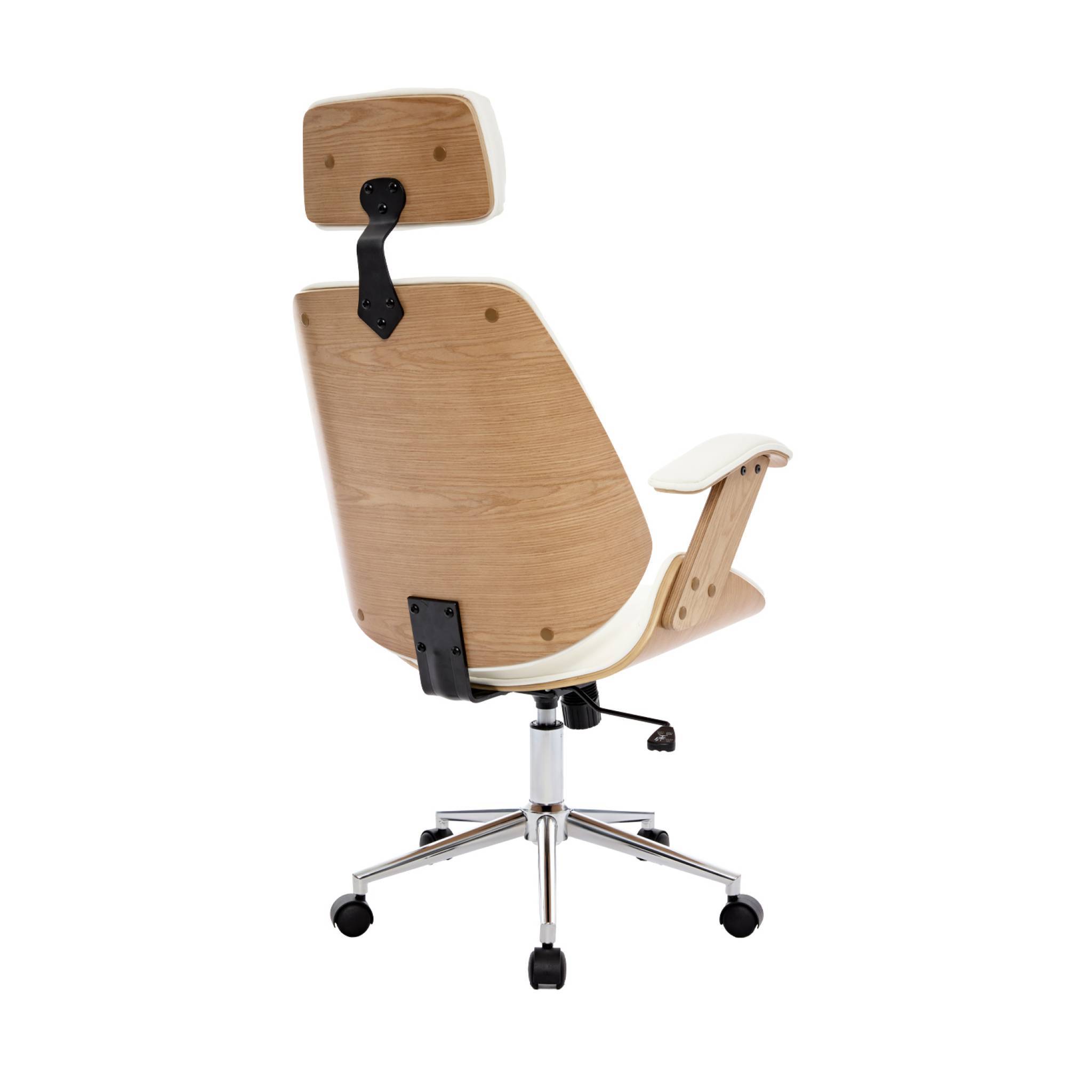 sweeek - Chaise de bureau à roulettes décor bois courbé placage effet chêne et simili cuir blanc | sweeek - Image 6