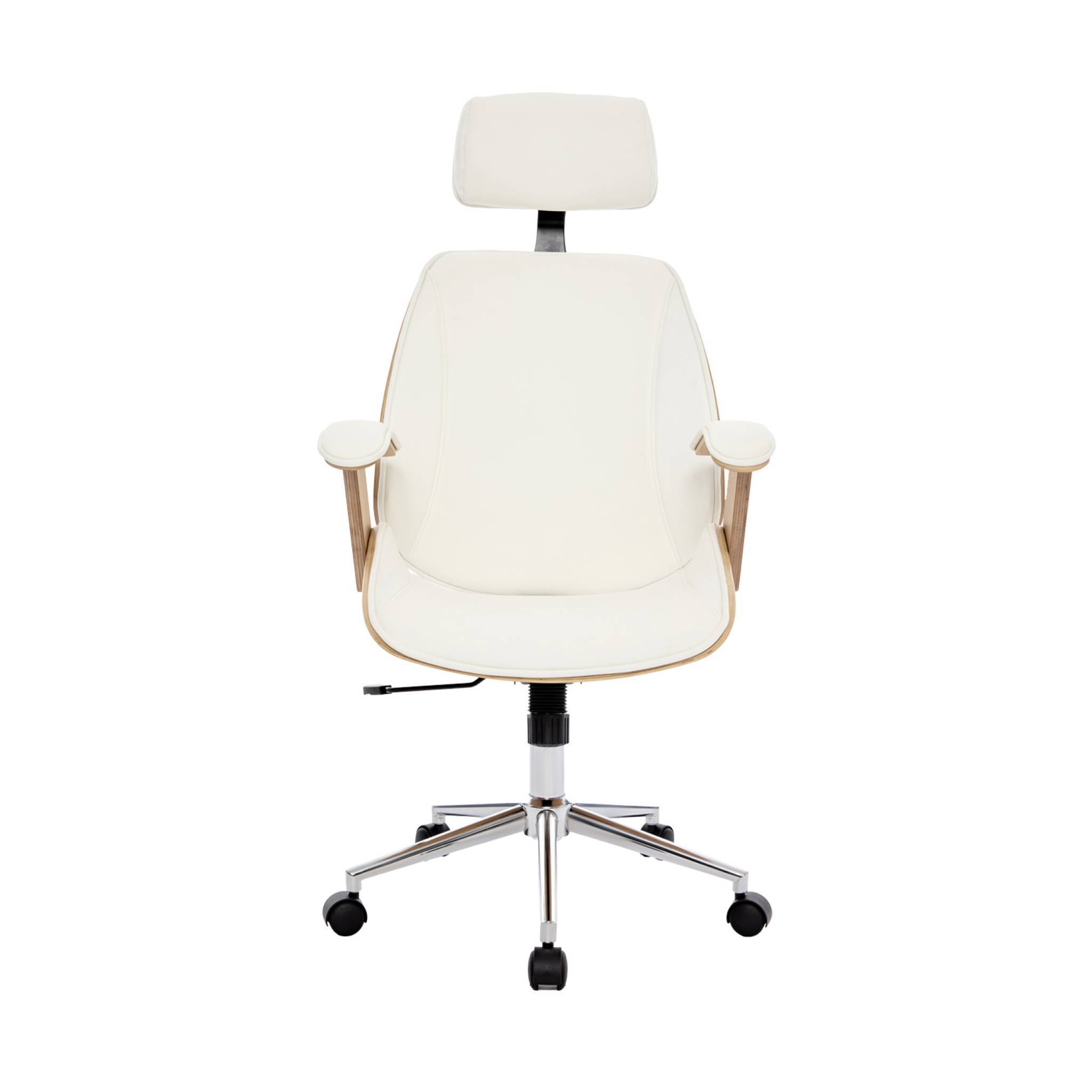 sweeek - Chaise de bureau à roulettes décor bois courbé placage effet chêne et simili cuir blanc | sweeek - Image 5