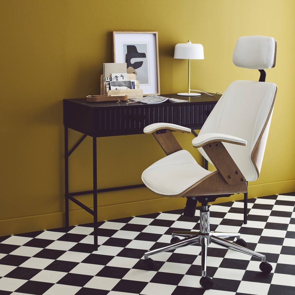sweeek - Chaise de bureau à roulettes décor bois courbé placage effet chêne et simili cuir blanc | sweeek - Image 1