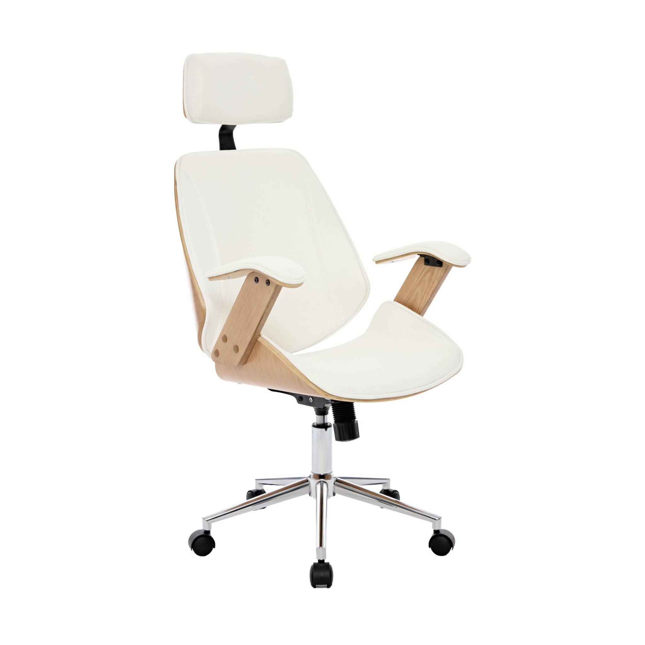 sweeek - Chaise de bureau à roulettes décor bois courbé placage effet chêne et simili cuir blanc | sweeek - Image 2