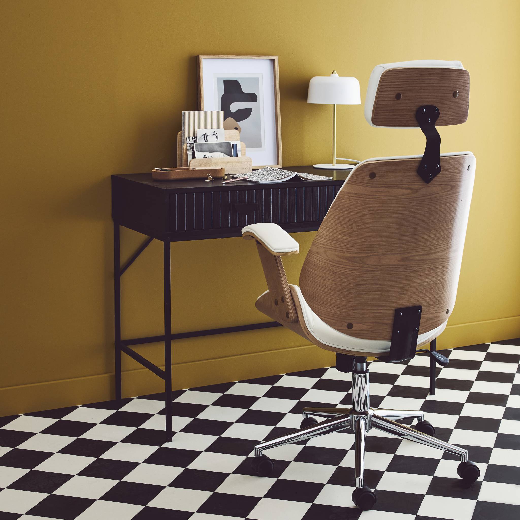 sweeek - Chaise de bureau à roulettes décor bois courbé placage effet chêne et simili cuir blanc | sweeek - Image 3