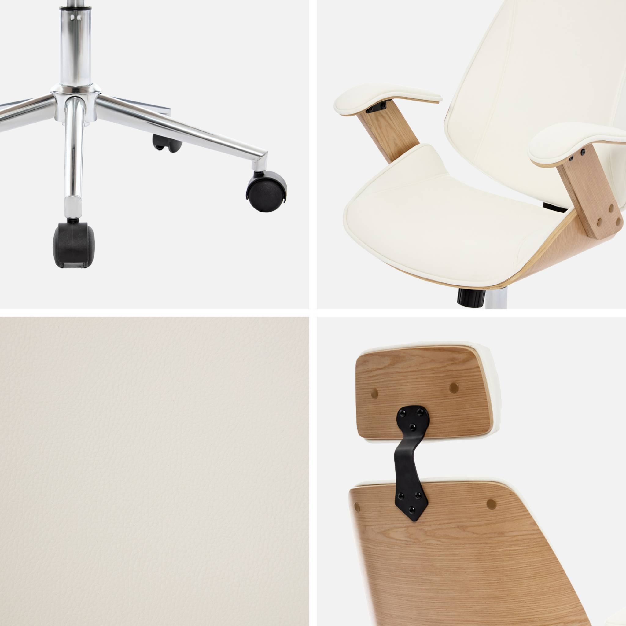 sweeek - Chaise de bureau à roulettes décor bois courbé placage effet chêne et simili cuir blanc | sweeek - Image 7