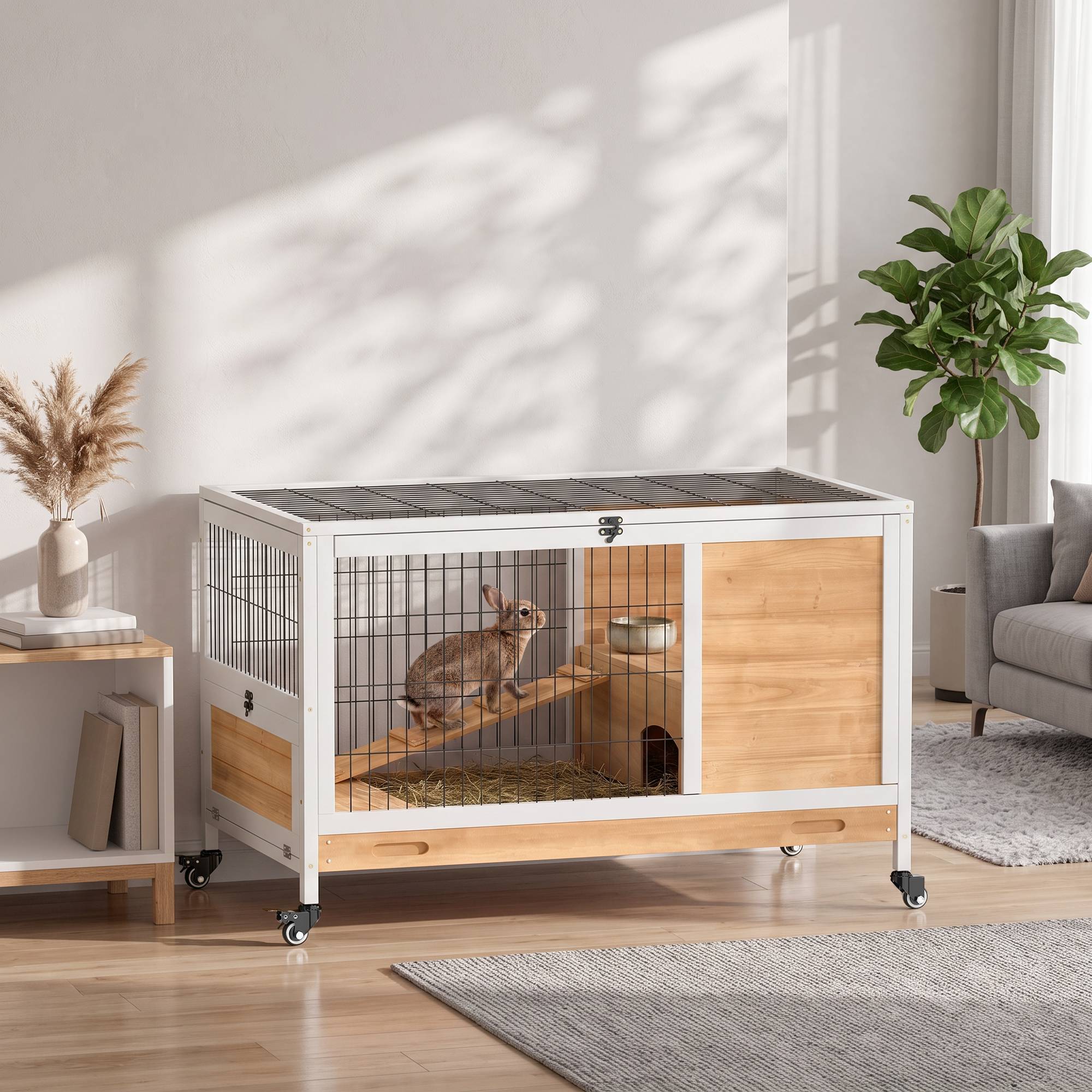 Sans Marque - Clapier lapin intérieur cochon Inde bois toit ouvrant roulettes 90x53x59 cm jaune/blanc - Image 4