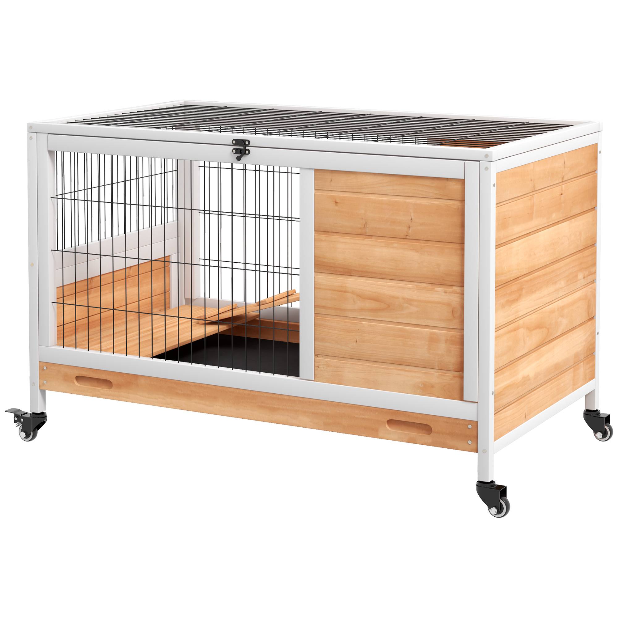 Sans Marque - Clapier lapin intérieur cochon Inde bois toit ouvrant roulettes 90x53x59 cm jaune/blanc - Image 2