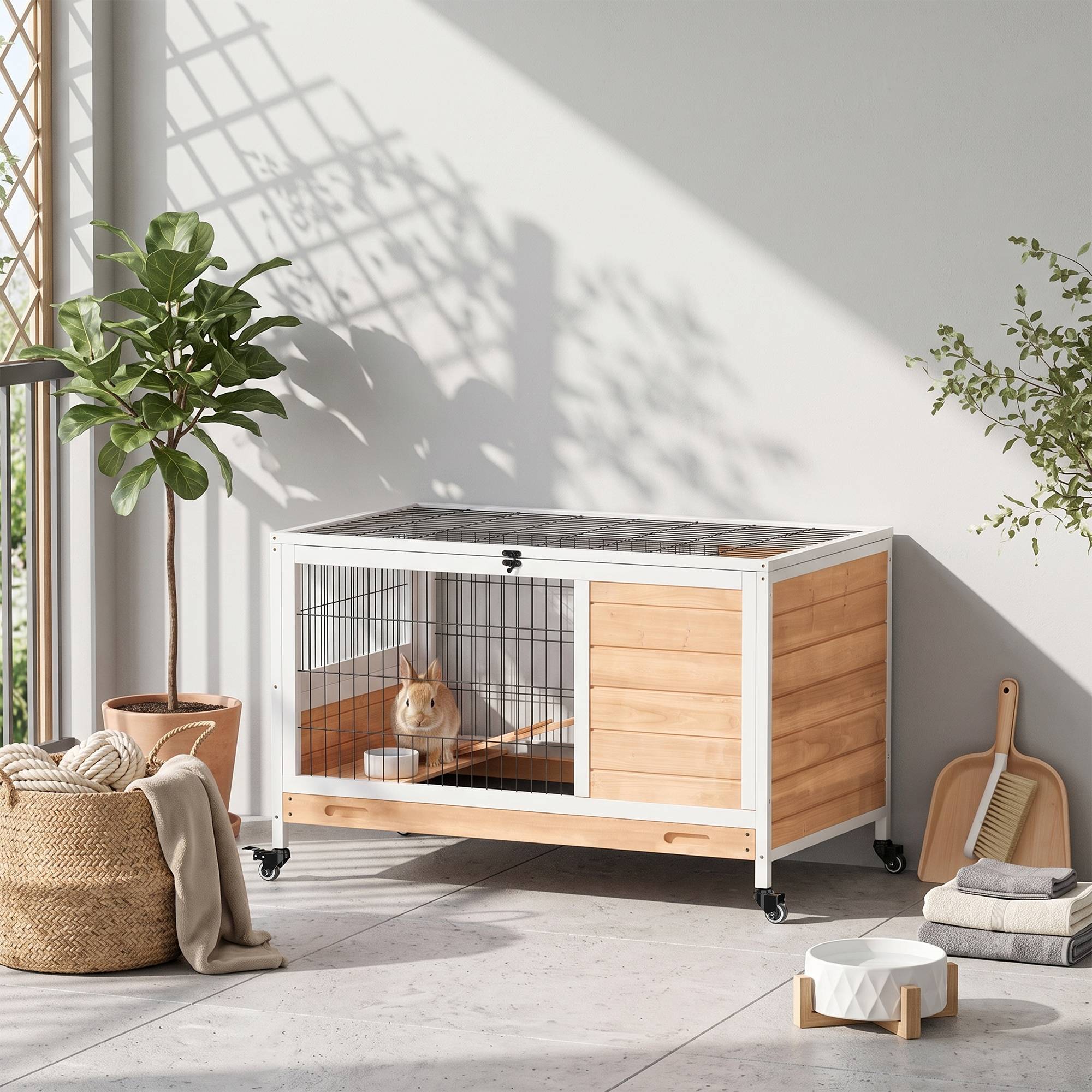 Sans Marque - Clapier lapin intérieur cochon Inde bois toit ouvrant roulettes 90x53x59 cm jaune/blanc - Image 3