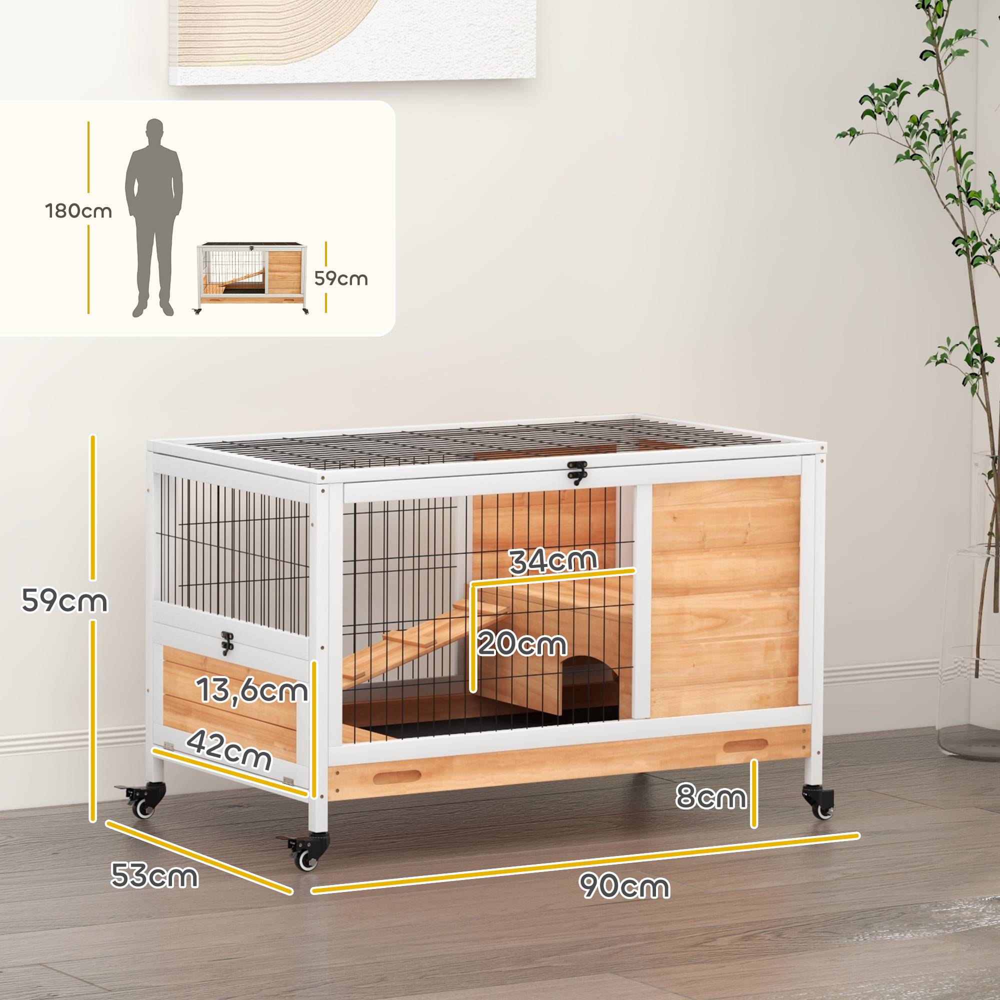 Sans Marque - Clapier lapin intérieur cochon Inde bois toit ouvrant roulettes 90x53x59 cm jaune/blanc - Image 5