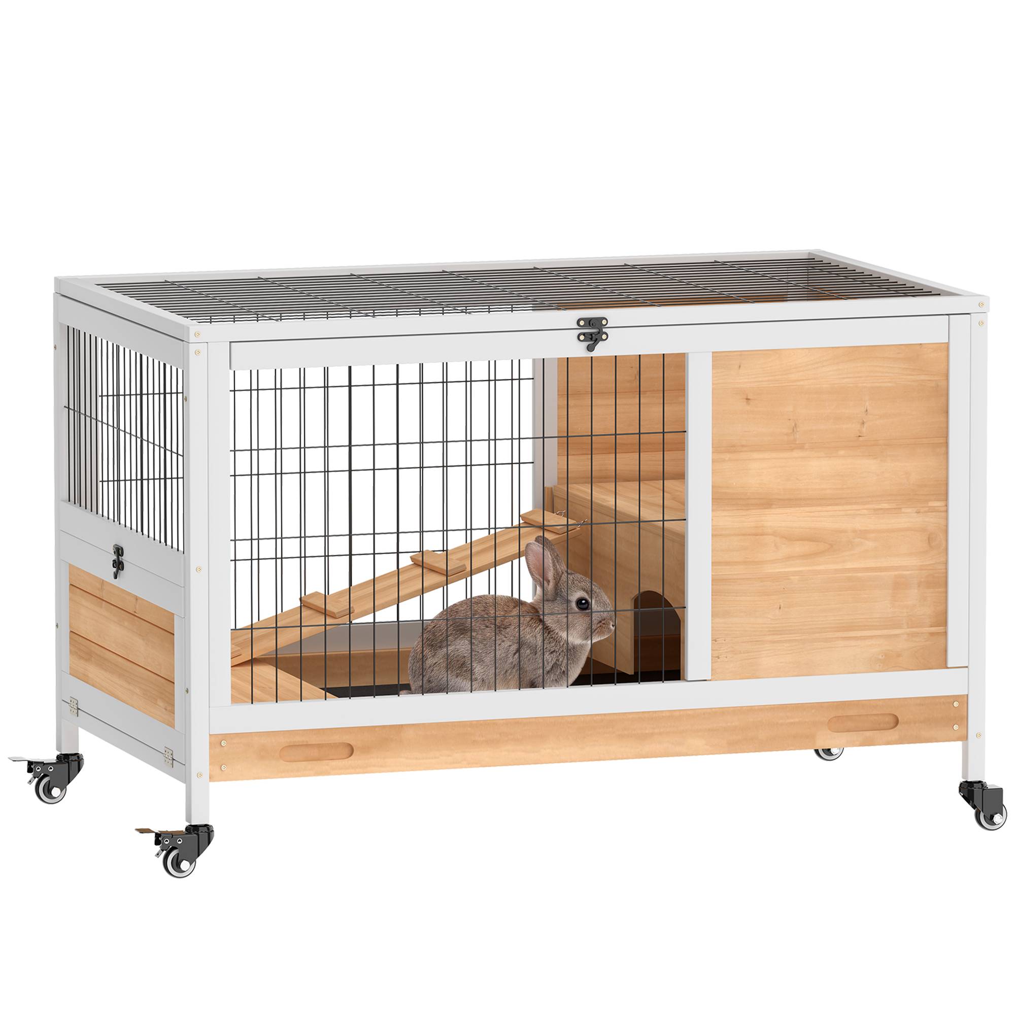 Sans Marque - Clapier lapin intérieur cochon Inde bois toit ouvrant roulettes 90x53x59 cm jaune/blanc - Image 1