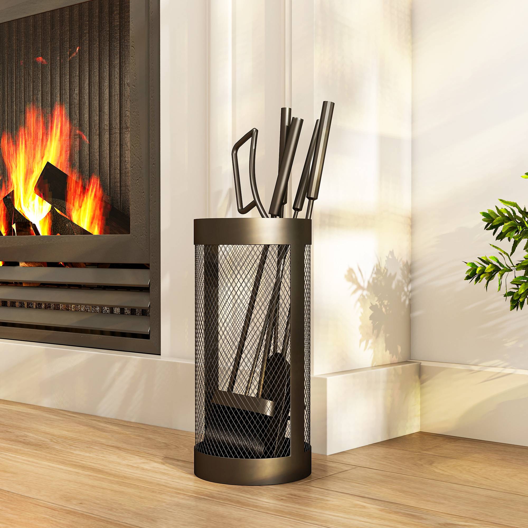 ComfortXL - Serviteur de cheminée 5 pièces en métal noir avec seau grillagé Ø 16 cm pour nettoyage et rangement du foyer - Image 1