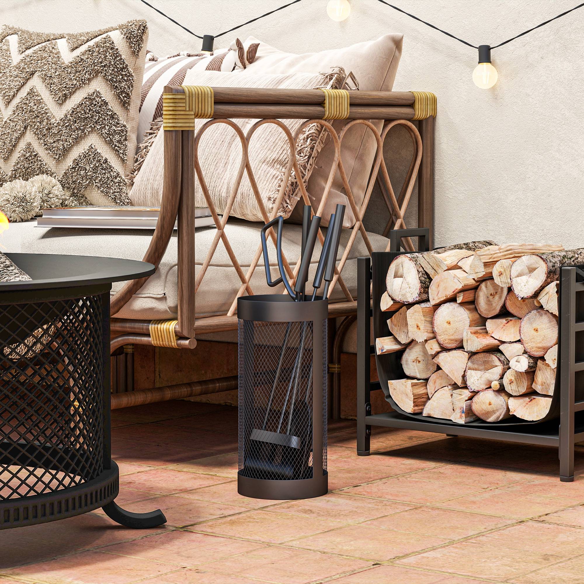 ComfortXL - Serviteur de cheminée 5 pièces en métal noir avec seau grillagé Ø 16 cm pour nettoyage et rangement du foyer - Image 7